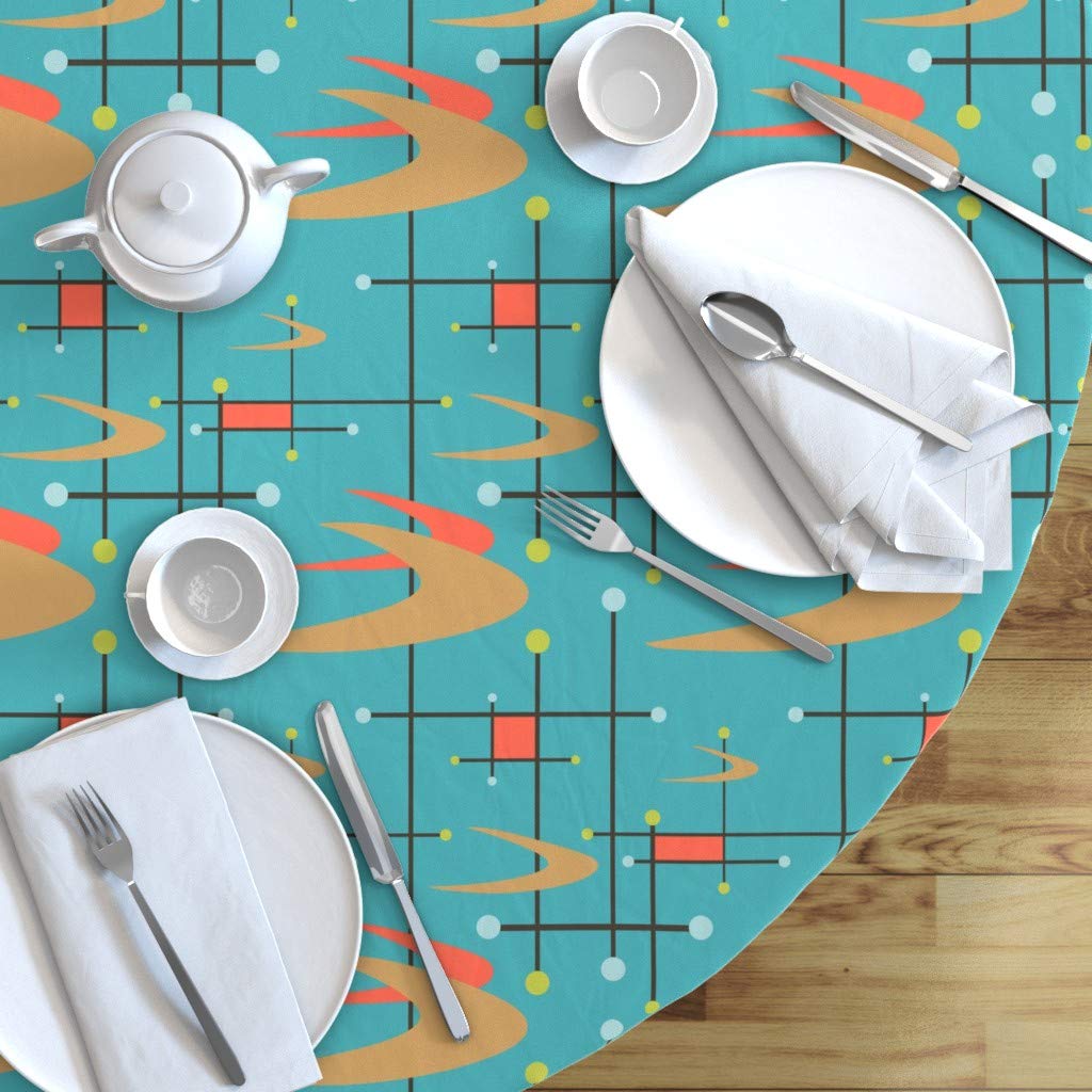 Custom Printed Spoonflower Cotton Sateen Tablecloth - 90 Inch Round Mid Century Modern Boomerang Design in Blue, Turquoise & Coral | Washable Dining Table Cover for Parties, Weddings & Home Decor