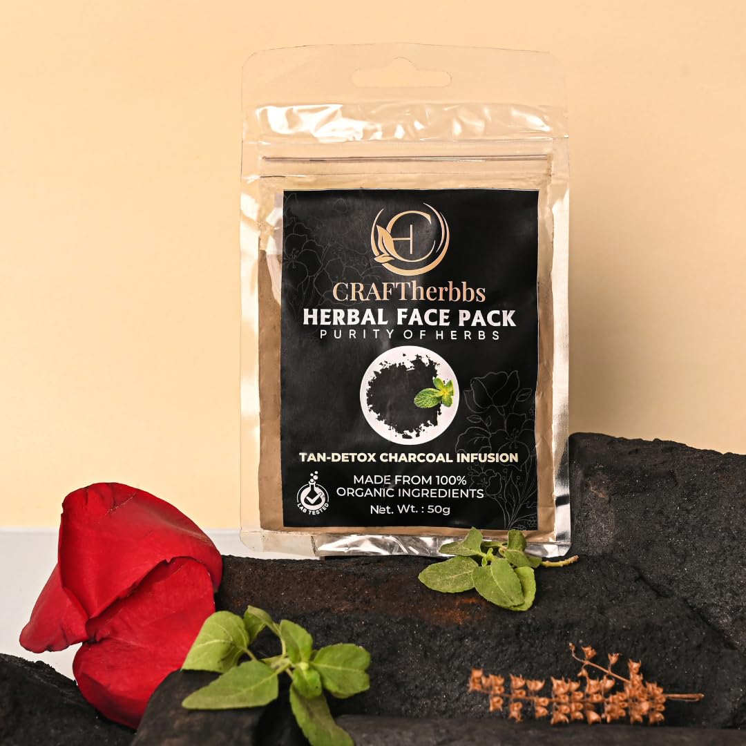 **CRAFTherbbs Activated Charcoal Face Mask | Herbal Detox & Deep Pore Cleansing for All Skin Types | Tan Removal, Oil Control & Brightening - 50g (Pack of 1) | Perfect for Acne-Prone, Oily & Dull Skin**
