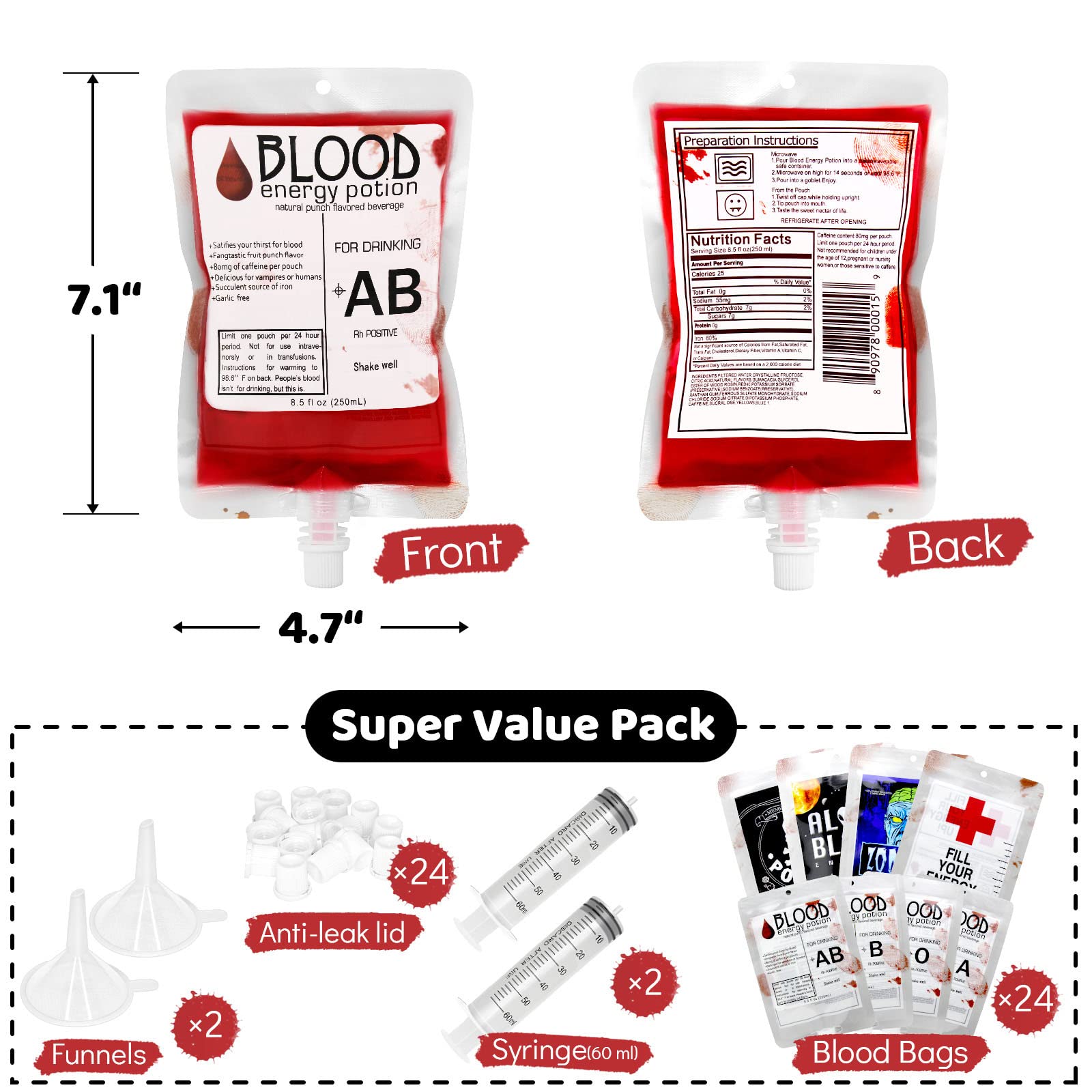 24 Pack Halloween Blood Bags Party Supplies - Hifunwu Fake Blood IV Bags for Halloween Decorations, Haunted House Props, and Horror Movie Costume Accessories