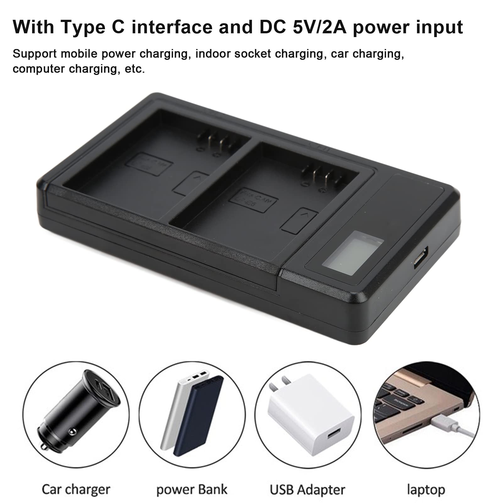 Dual Battery Charger for Action Camera with LCD Display - Fast Charging LP-E5 Battery & Dual USB Ports - Perfect for Travel, Vlogging, and Outdoor Photography Accessories