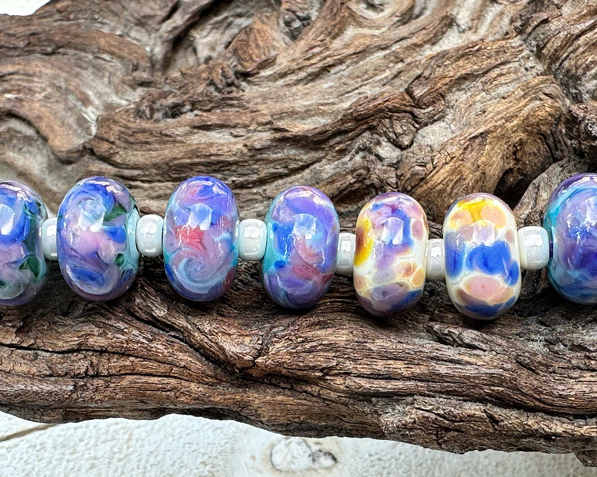 16 Blue Purple Mosaic Glass Lampwork Beads Set for Jewelry Making - DIY Bracelet, Necklace & Craft Projects - Handmade Artisan Beads for Boho Style Accessories