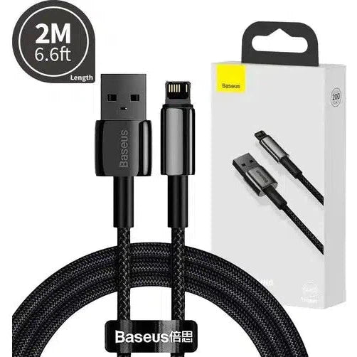 Baseus Tungsten Fast Charging Cable - Lightning to USB 2.4A 2Meter (6.6ft) Durable Braided Charger for iPhone iPad - Perfect for Home, Office & Travel