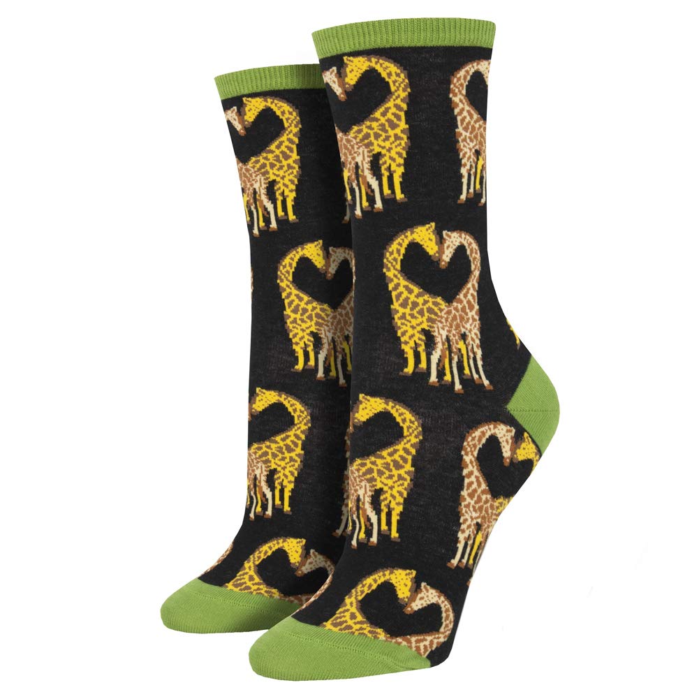 Women's Longneck Giraffe Love Crew Socks - Black | Comfortable & Cute Animal Print Socks for Everyday Wear, Gifts & Fashion Outfits