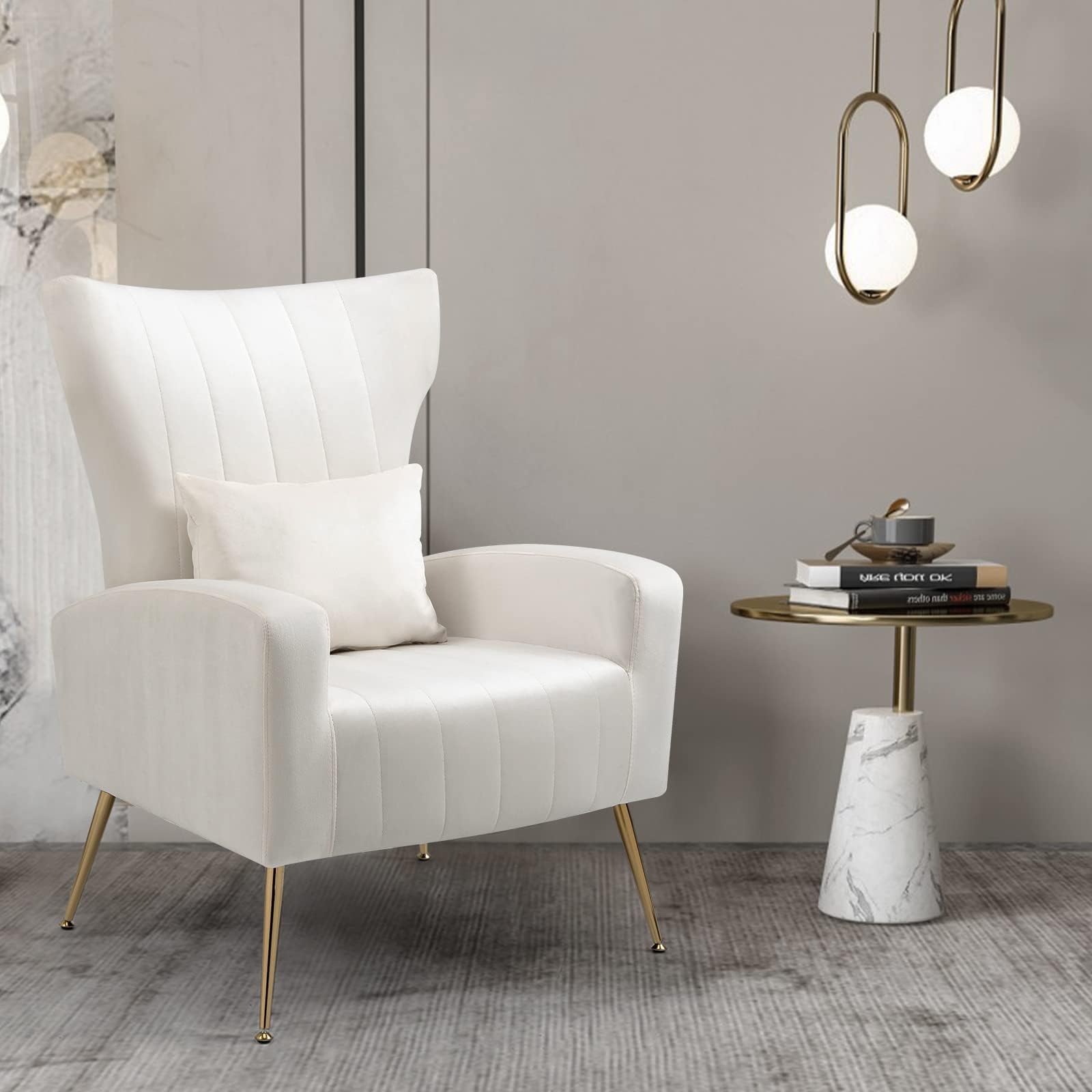 Modern Velvet Accent Chairs Set of 2 - High Back Armchairs with Lumbar Pillow & Gold Metal Legs - Living Room, Bedroom, Office Lounge Seating - White Luxury Upholstered Chairs for Home Decor