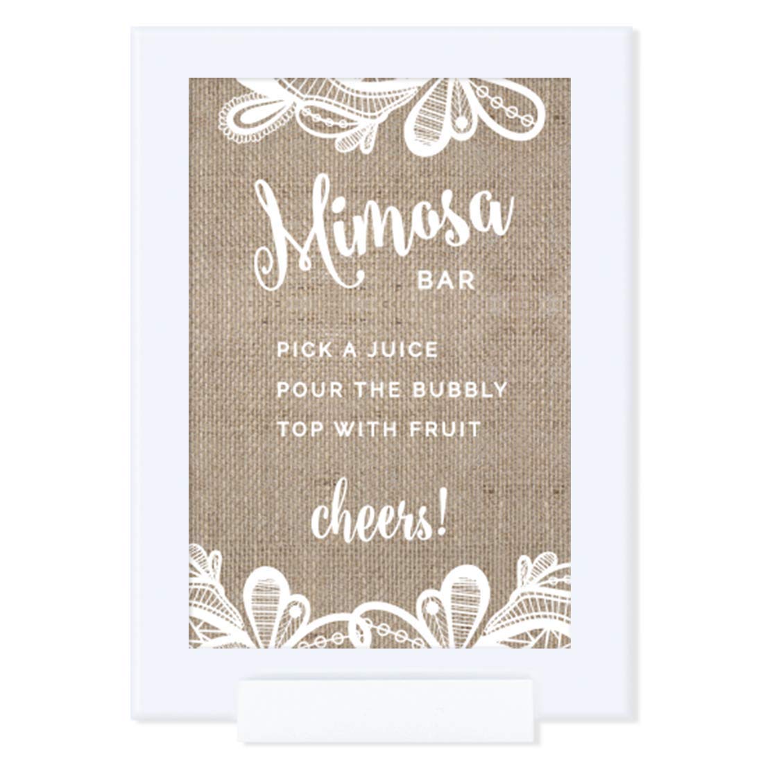 4x6-inch Andaz Press Burlap Lace Print Wedding Sign - Build Your Own Mimosa Bar Sign with 'Pick a Juice, Pour The Bubbly, Top with Fruit Cheers!' - Elegant Framed Dessert Table Decor for Weddings, Bridal Showers & Champagne Parties (1-Pack)