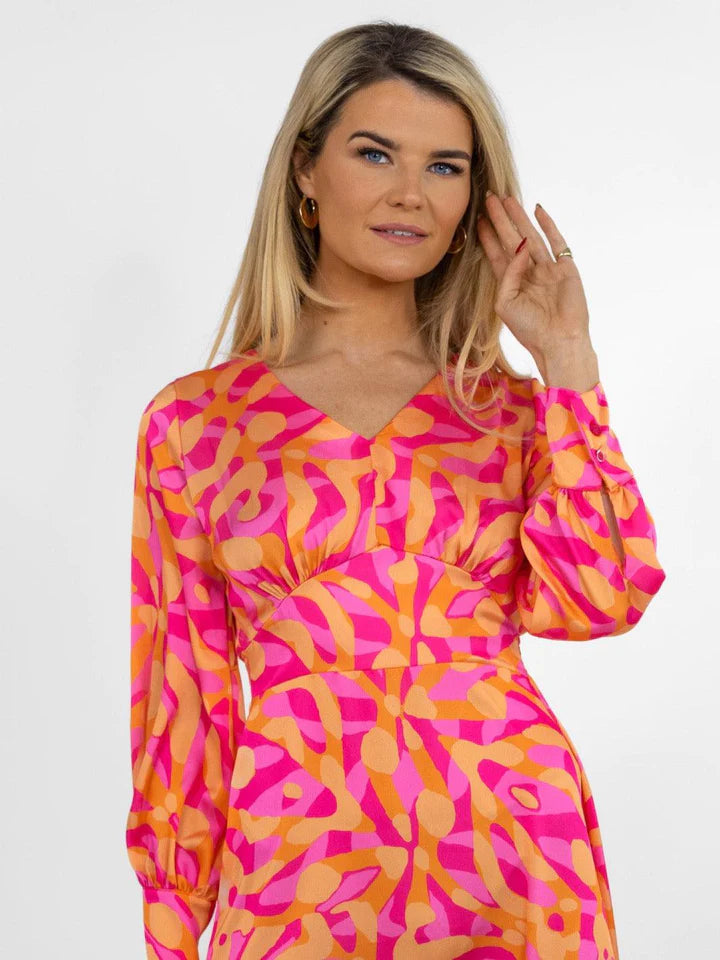 Birkin Midi Dress for Women - Floral Print Summer Dress in Pink & Orange | Perfect for Beach, Vacation, and Casual Outings
