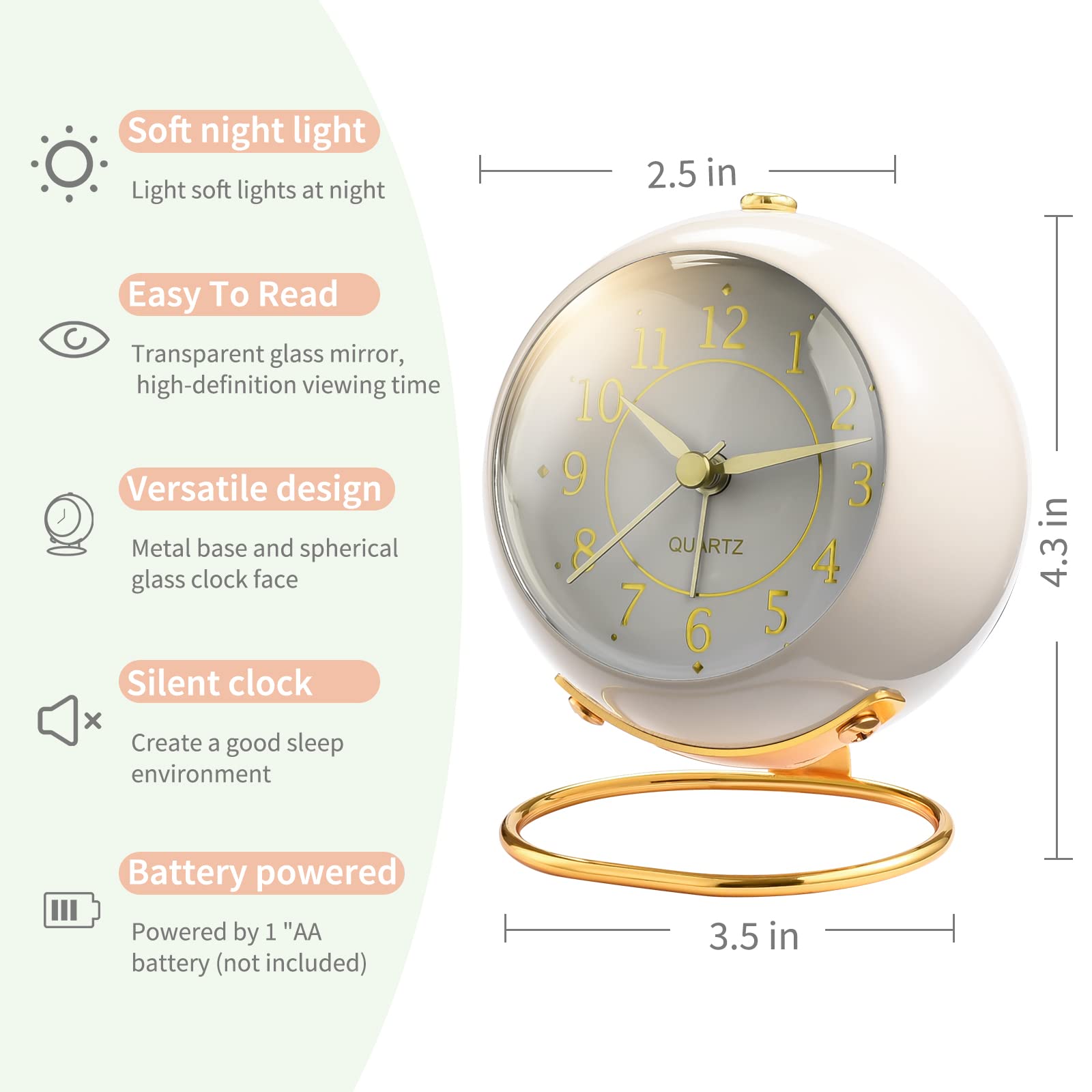 Vintage Analog Alarm Clock with Soft Backlight - Silent Non-Ticking Battery Operated Desk Clock for Kids, Bedroom, Office & Travel - Perfect Night Light for Bedside, Kitchen & Study Room (Black)