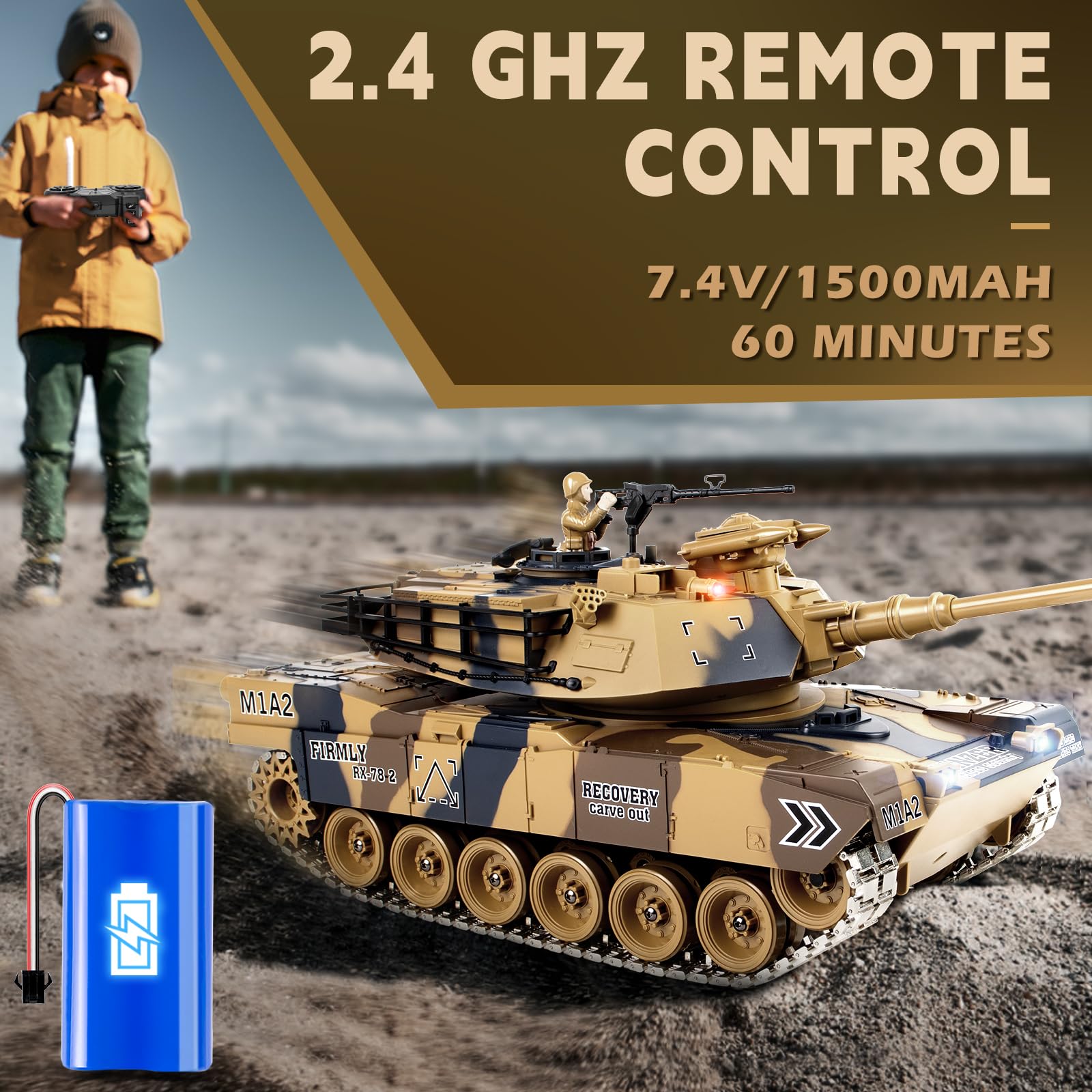 1/18 Scale US M1A2 Abrams RC Tank - 15 Channel Remote Control Military Tank with Metal Tracks, Realistic Smoke & Sound Effects, LED Lights, BB/Water Bomb Launcher, Recoil System & 60 Min Playtime - Perfect for Adults & Kids Battle Games, Military Enthusiasts & Collectors