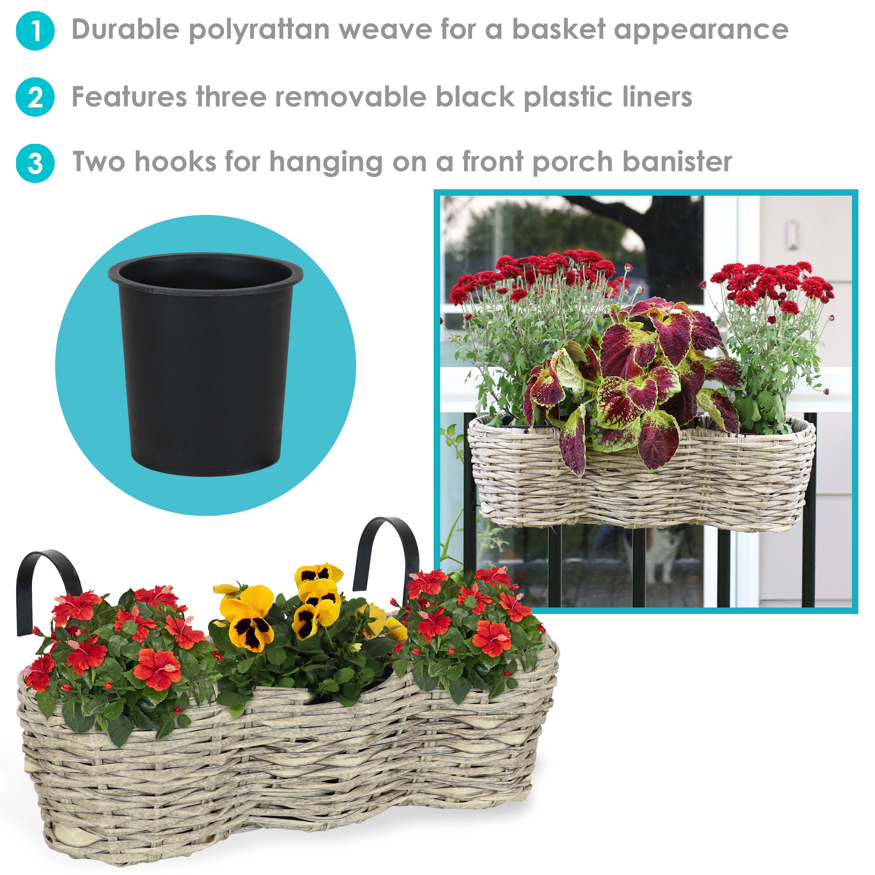 Sunnydaze Round Polyrattan 3-Section Over the Rail Planter Box - Hanging Flower Pot for Balcony, Deck, Porch & Garden Decor