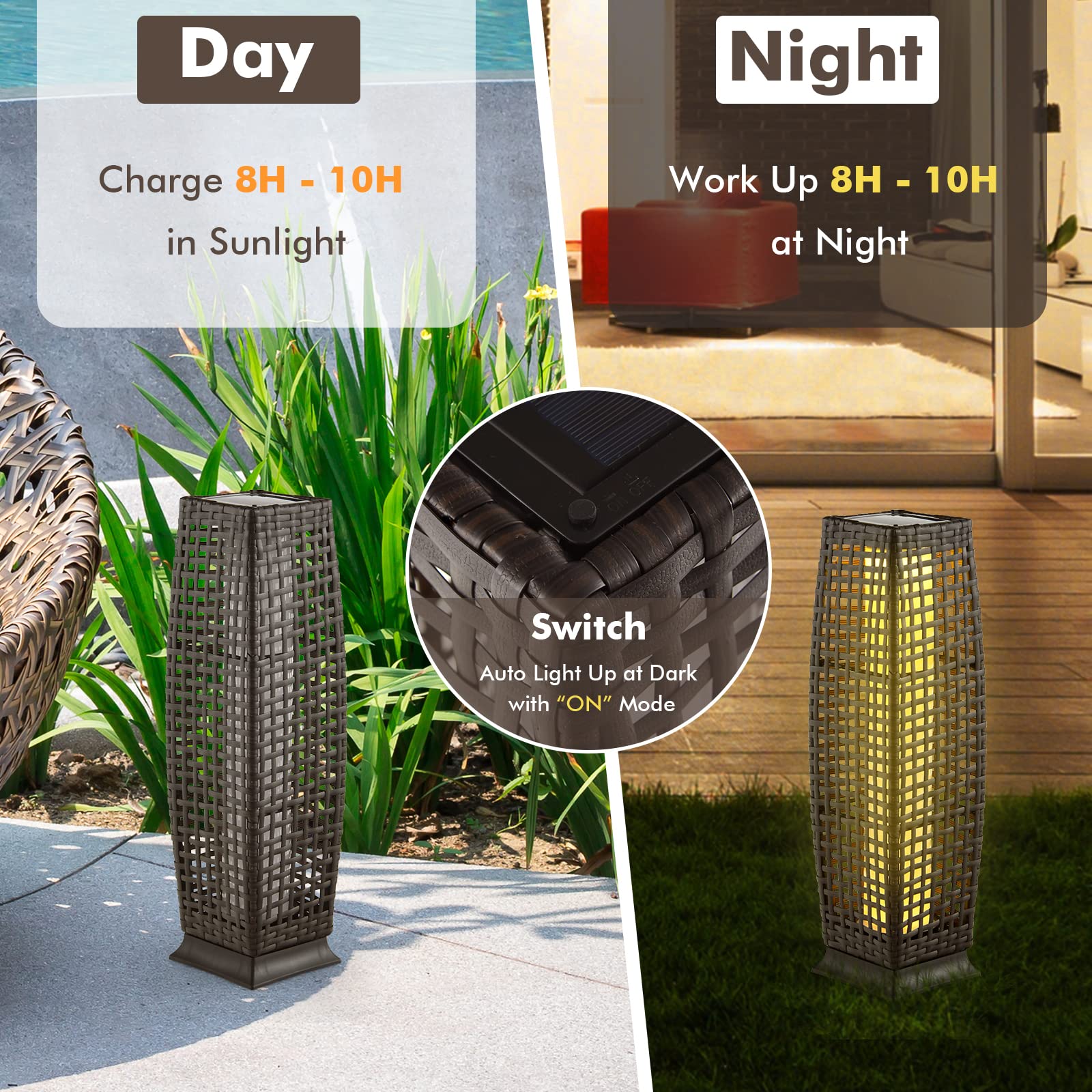 Tangkula 2-Piece Solar Powered Outdoor Floor Lamps - IP65 Waterproof Wicker LED Lanterns with Auto On/Off for Garden, Patio, Porch, Deck & Pathway Lighting (Cross-Mix Brown) | Weather-Resistant Decorative Lighting for Backyard, Poolside & Landscape