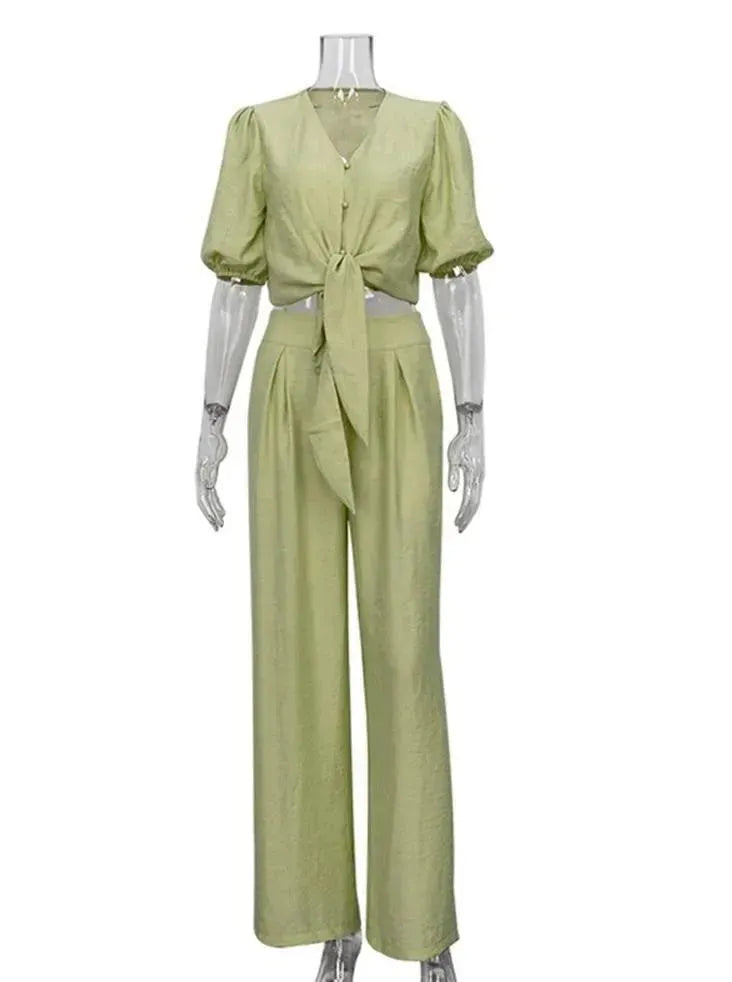 Comfortable Green Linen Two Piece Set for Women - Summer Casual Outfit for Beach, Travel and Daily Wear