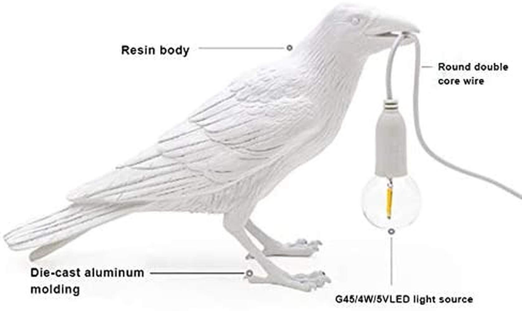 AUSUKY Bird Table Lamp - Elegant Crow Desk Lamp for Bedroom, Office & Living Room - Resin Decorative Lighting Fixture (White) - Perfect for Nightstand, Study Desk & Wall Sconce