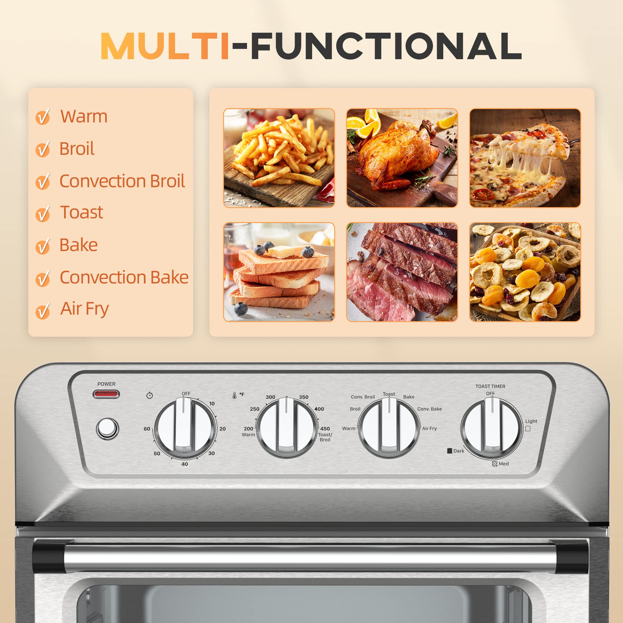 HOMCOM 21QT 7-in-1 Air Fryer Toaster Oven with Convection - 1800W Stainless Steel Countertop Oven for Baking, Broiling, Toasting & Air Frying | Includes Accessories | Perfect for Small Kitchens, Dorms & Healthy Cooking