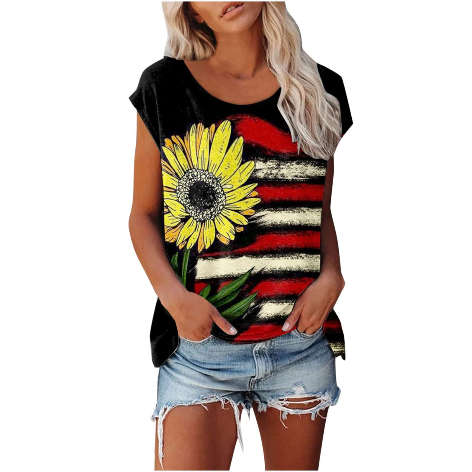 YAWOTS Women's Workout Tank Tops - Short Sleeve 4th of July Patriotic Print Shirts, Round Neck Athletic Tees & Tunics for Gym, Running & Independence Day Celebrations