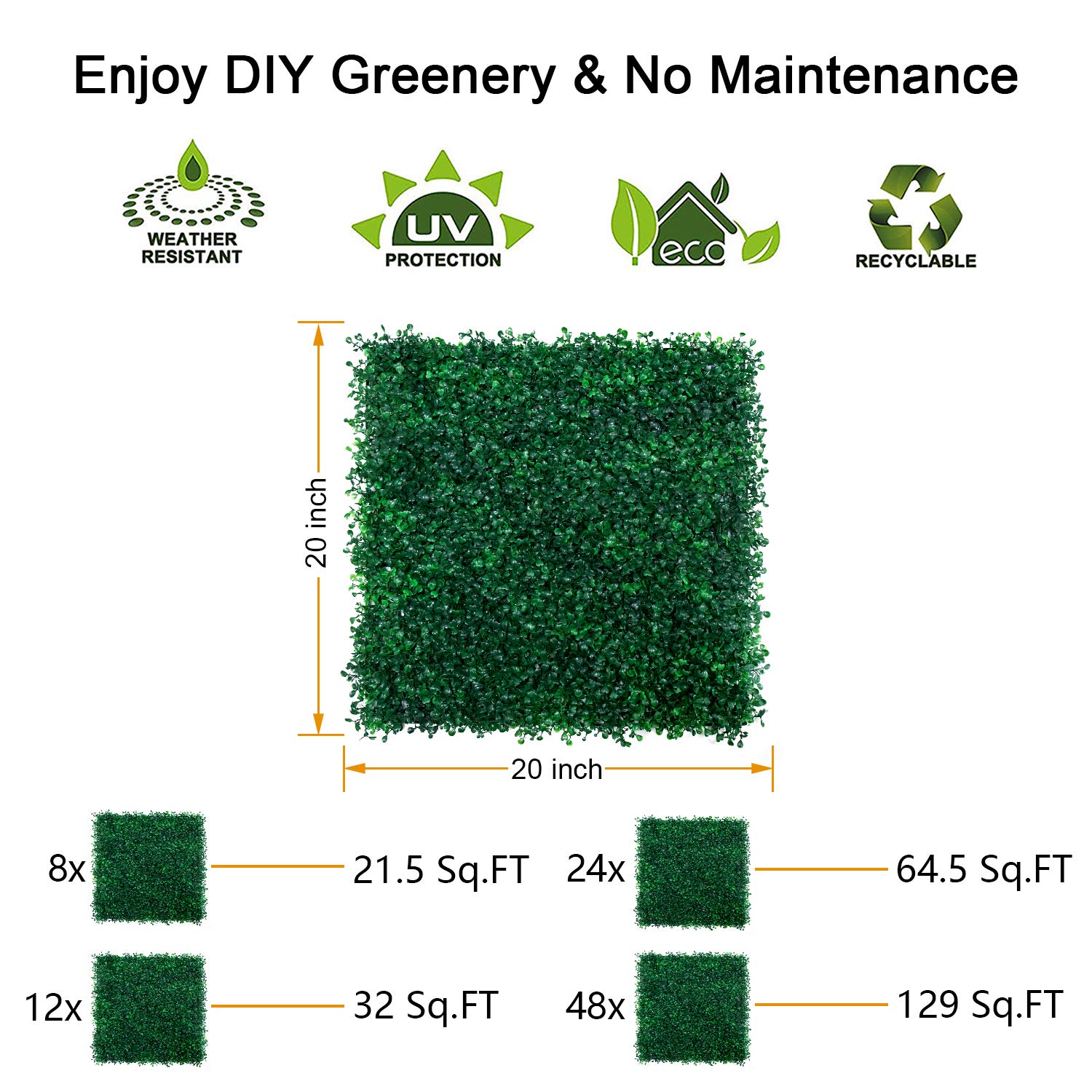 DQS Artificial Boxwood Panels - Set of 12 Faux Hedge Wall Panels, 20