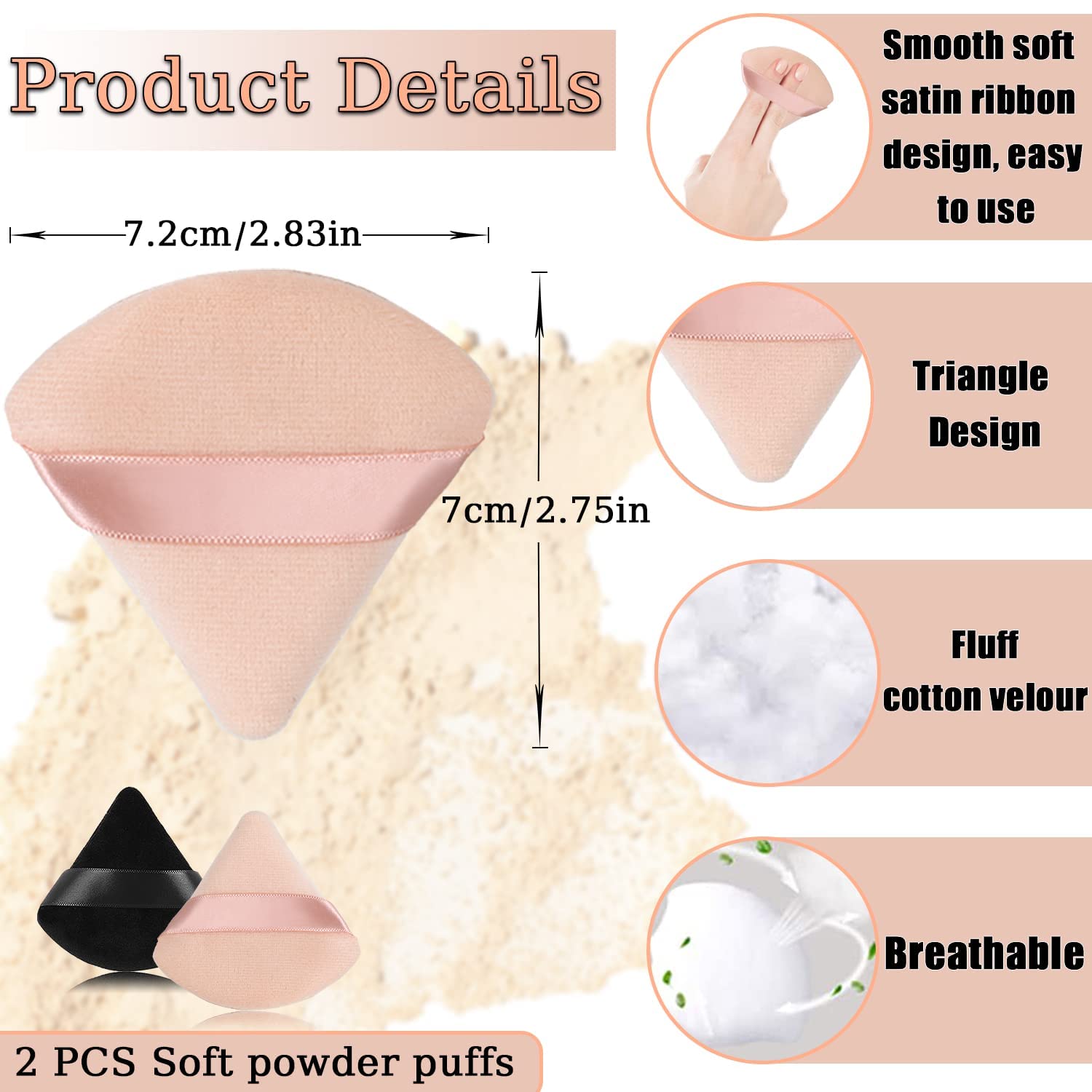 Premium Triangle Powder Puff - Soft Velour Makeup Sponge for Loose & Mineral Foundation, Setting Powder - Multicolor Pack of 2 - Ideal for Flawless Face & Body Makeup Application