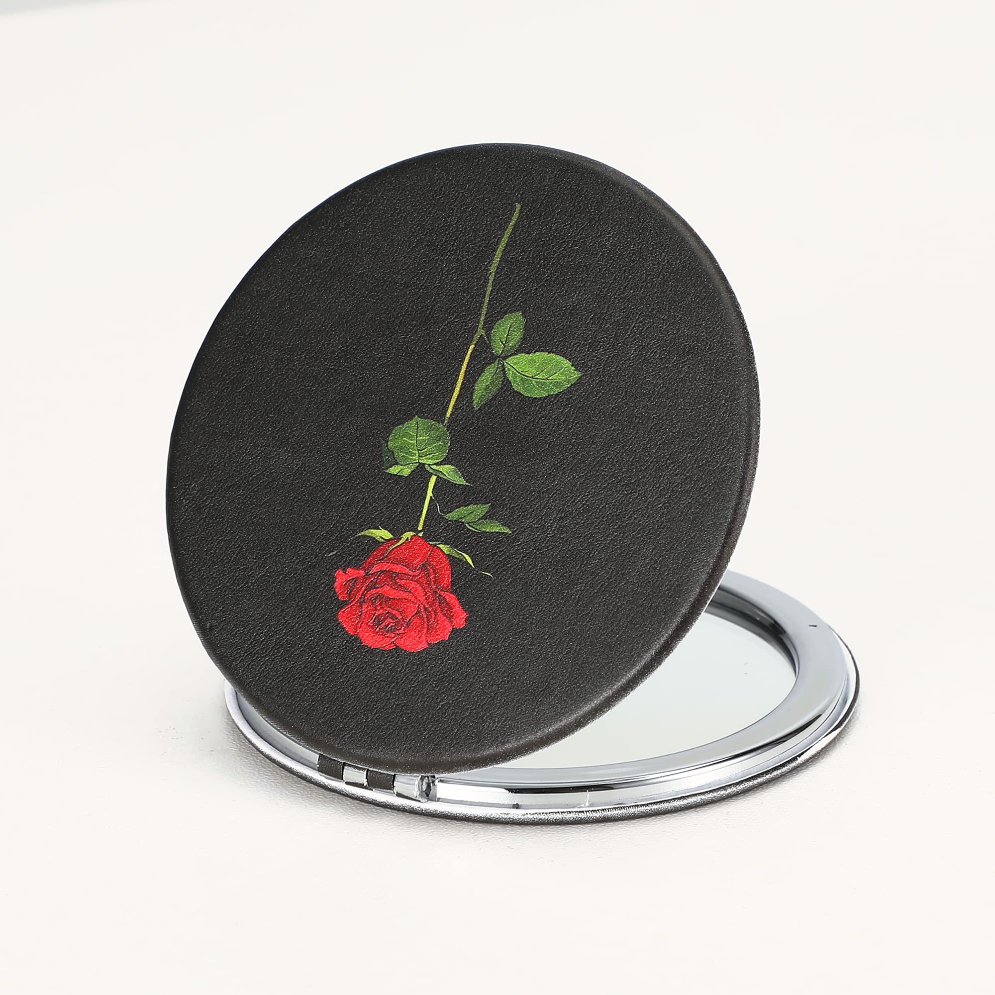 Dynippy Compact Mirror Double-Sided 1X/2X Magnifying - Rose Flower Design 2.75 Inch Round Makeup Mirror - Portable Pu Leather Hand Mirror for Purse, Travel, and On-the-Go Touch Ups
