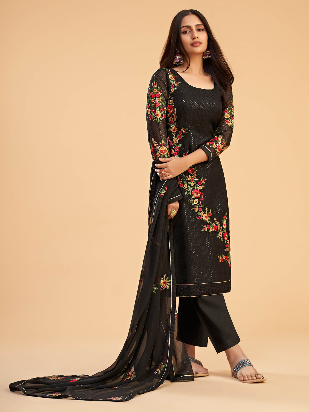 Elegant Black Designer Heavy Semi Stitched Pant Suit with Exquisite Embroidery - Perfect for Weddings, Parties & Formal Events