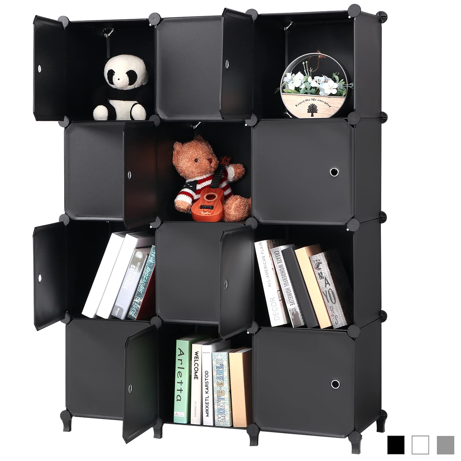 ANWBROAD 12-Cube Storage Organizer with Doors - Black Cube Shelves for Bedroom, Bookshelf, Closet & Office Organization | Space-Saving Modular Storage Solution