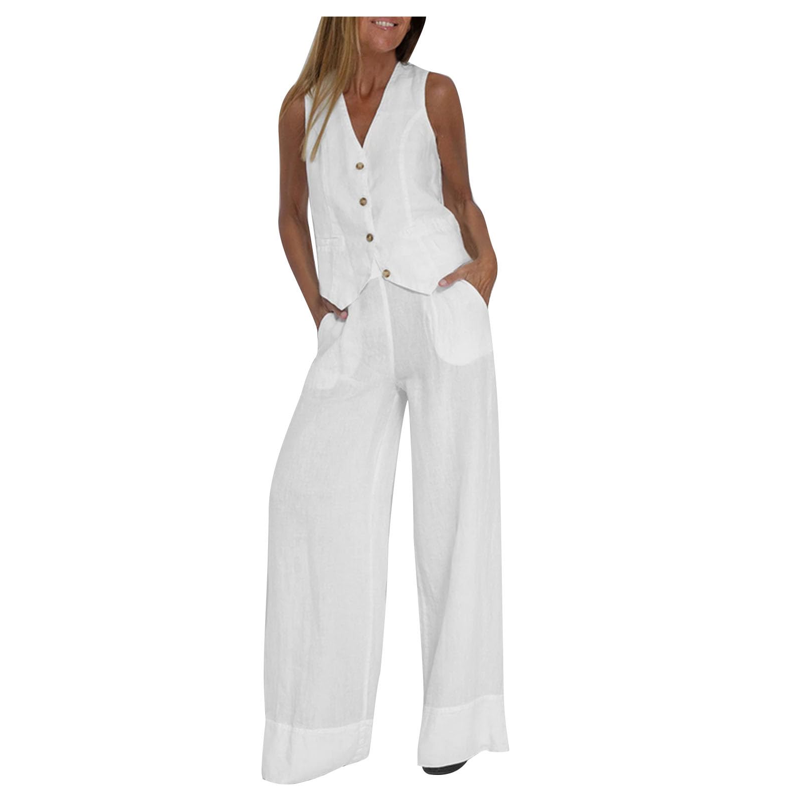 2-Piece Linen Pajama Set for Women - Soft Cotton Linen Button-Up Lounge Wear - Summer Sleepwear & Casual Outfit - Plus Size Available - Perfect for Relaxing at Home or Vacation
