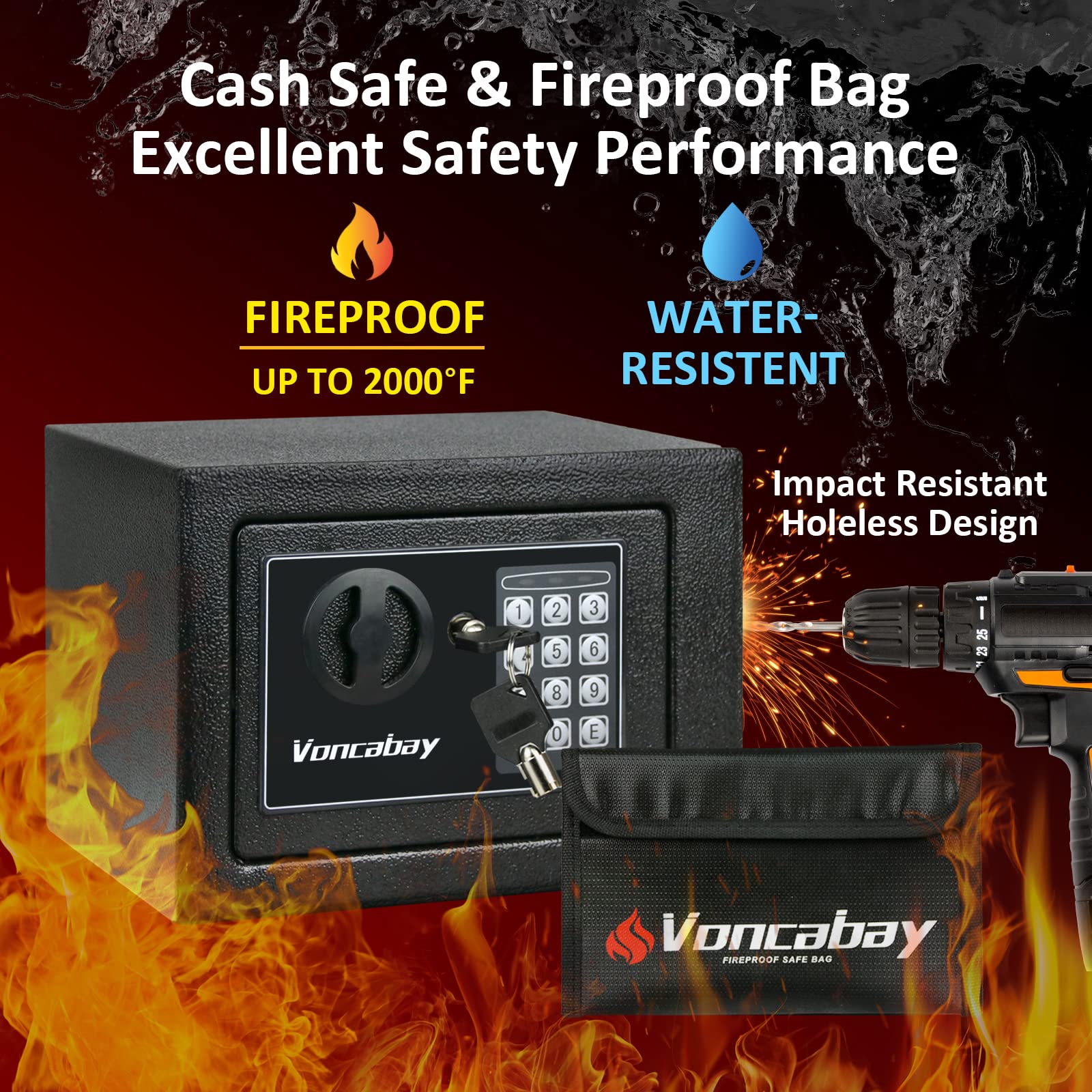 Voncabay Fireproof Security Safe Box with Digital Keypad & Sensor Light - Home Money Safe with Keys & Passcode for Cash, Jewelry & Documents | Ideal for Bedroom, Office & Travel Use