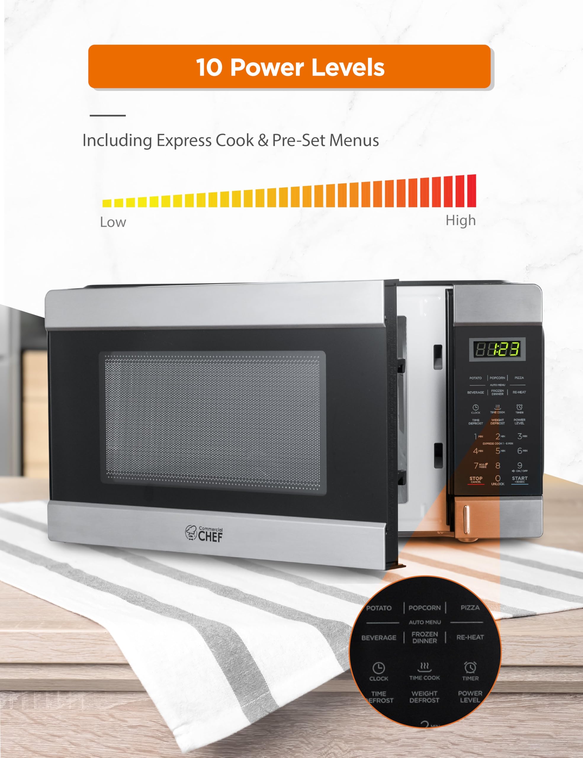 Commercial CHEF 1.1 Cu. Ft. Countertop Microwave Oven - Stainless Steel & Black - Perfect for Restaurants, Offices & Small Kitchens