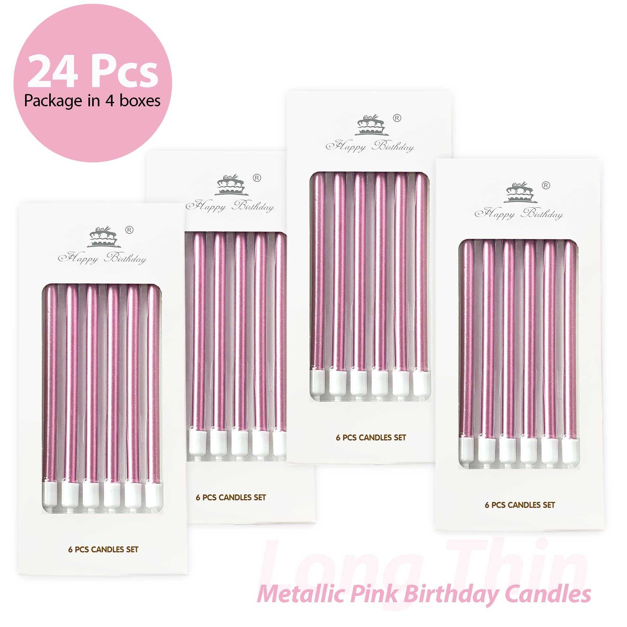 24 Count Metallic Pink Birthday Candles - Long Thin Cake Candles with Holders for Cupcakes, Wedding Cakes & Birthday Party Decorations | Perfect for Birthday Parties, Baby Showers & Wedding Celebrations