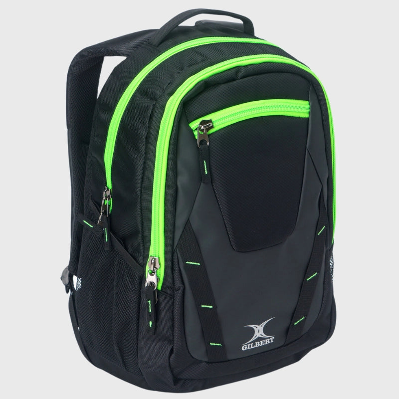 Gilbert Club V4 Rugby Backpack - Durable Sports Bag for Training & Matches - Black/Fluorescent Green - Perfect for Rugby Players & Fans