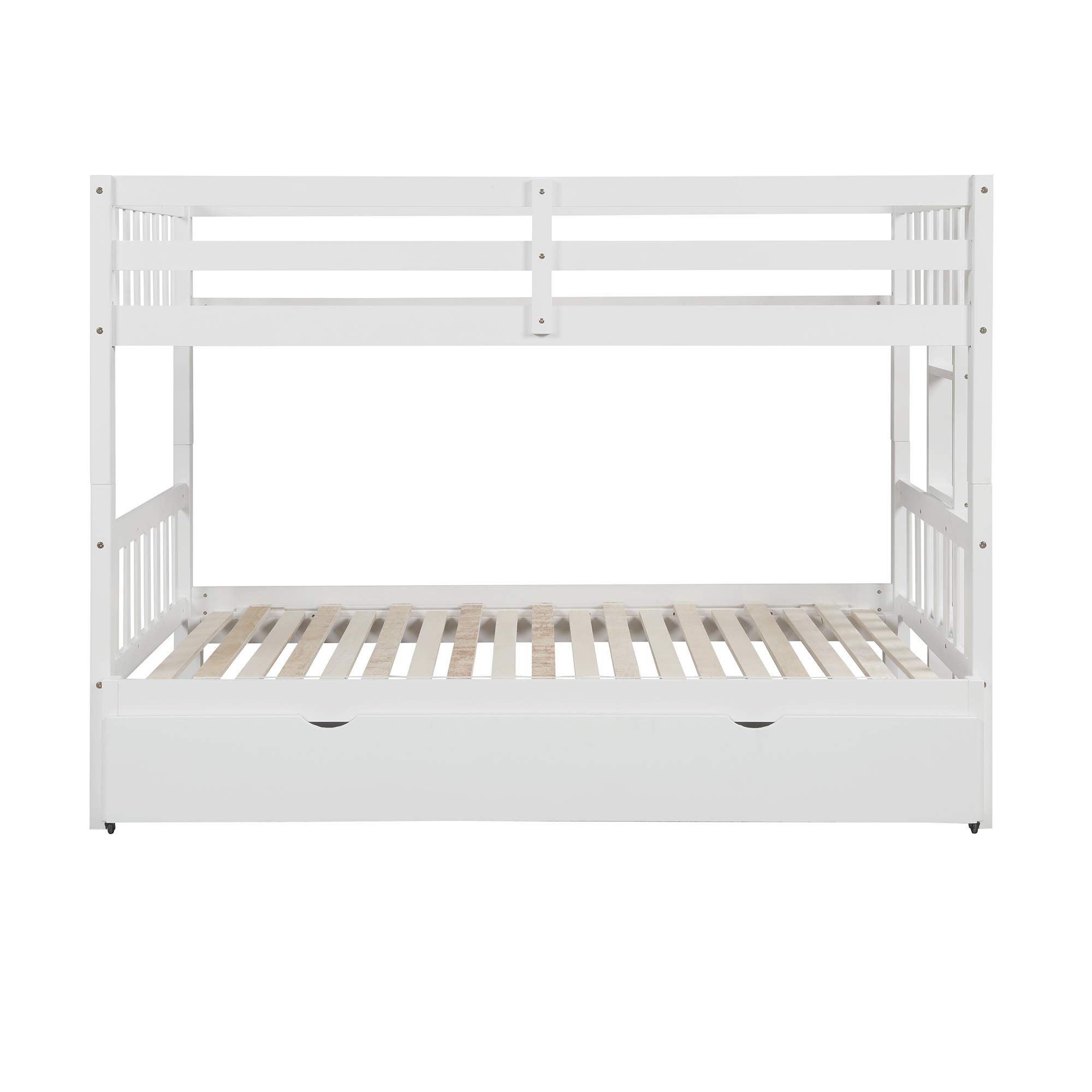 KLMM Twin Over Pull-Out Bunk Bed with Trundle - Solid Wood Twin/Twin, Twin/Full, Twin/Queen or Twin/King Size - Extendable Bunk Bed with Ladder & Safety Rail for Kids & Adults - Space Saving Solution for Small Bedrooms, Guest Rooms & Vacation Homes (White)