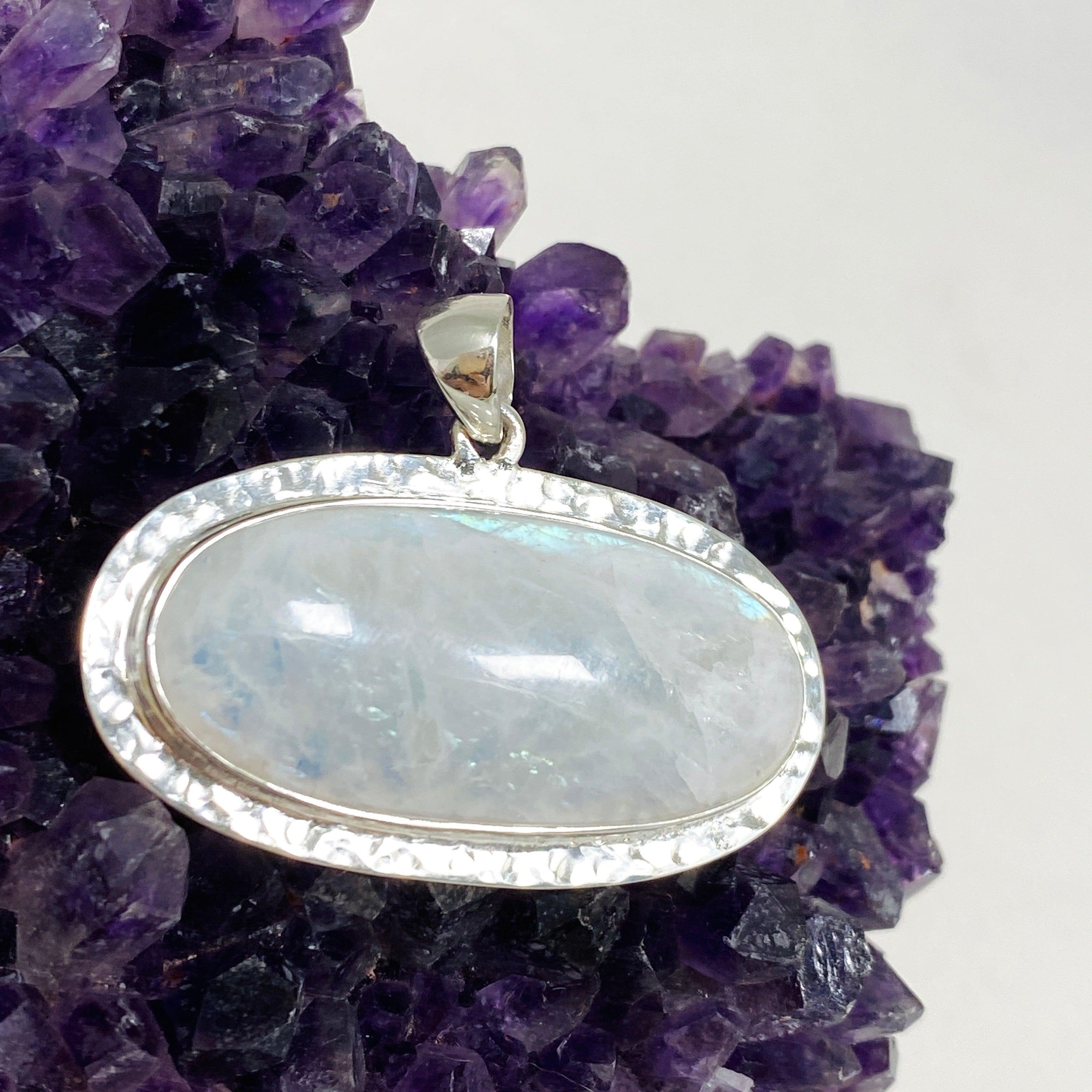 Moonstone Oval Pendant Necklace with Hammered Sterling Silver Setting KPGJ4242 - Elegant Boho Jewelry for Women, Perfect for Weddings & Special Occasions
