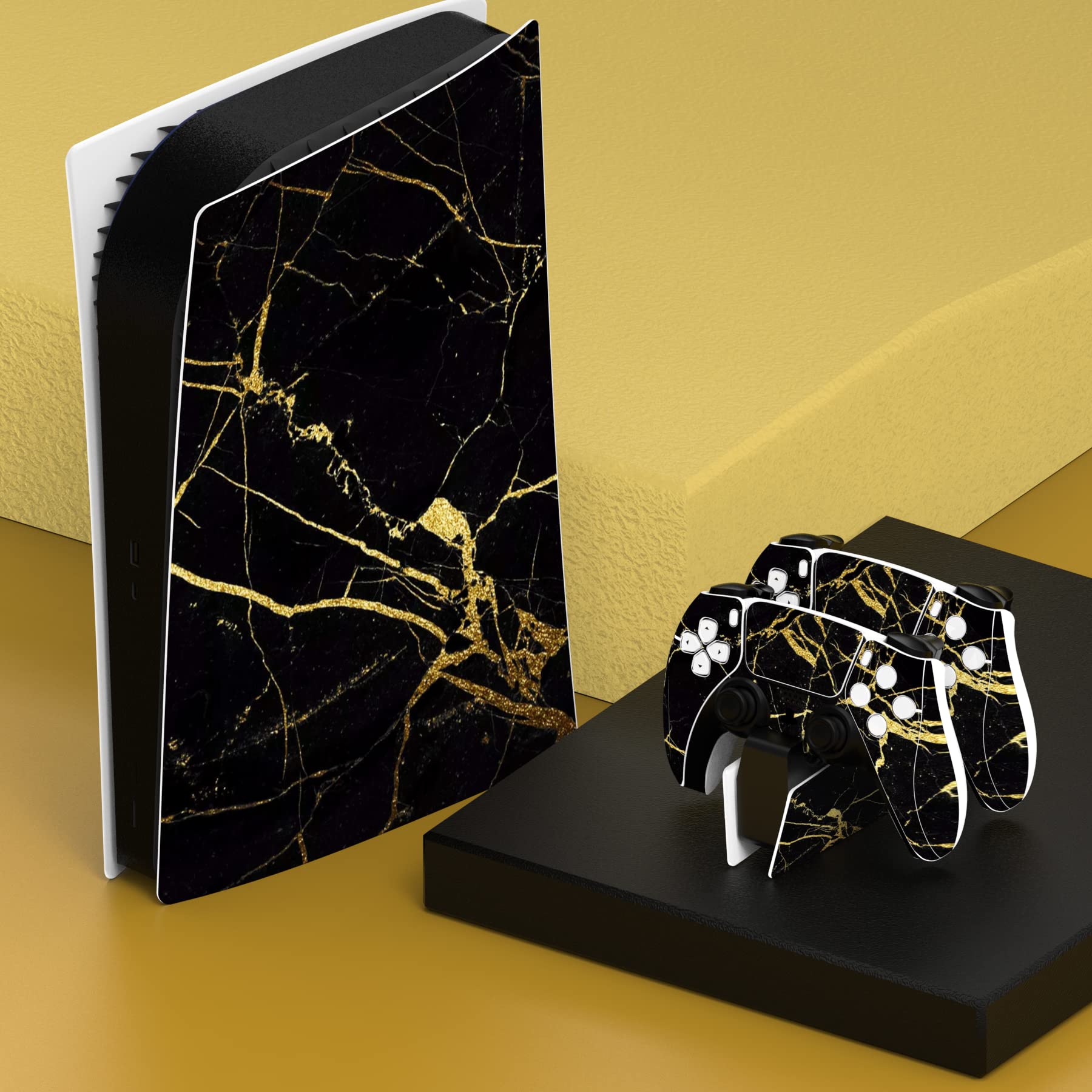 PlayVital Black & Gold Marble Vinyl Skin Decal Full Set for PS5 Console Digital Edition - Controller, Charging Station, Headset & Media Remote Sticker Cover - Premium Protection & Stylish Gaming Setup for PS5 Lovers