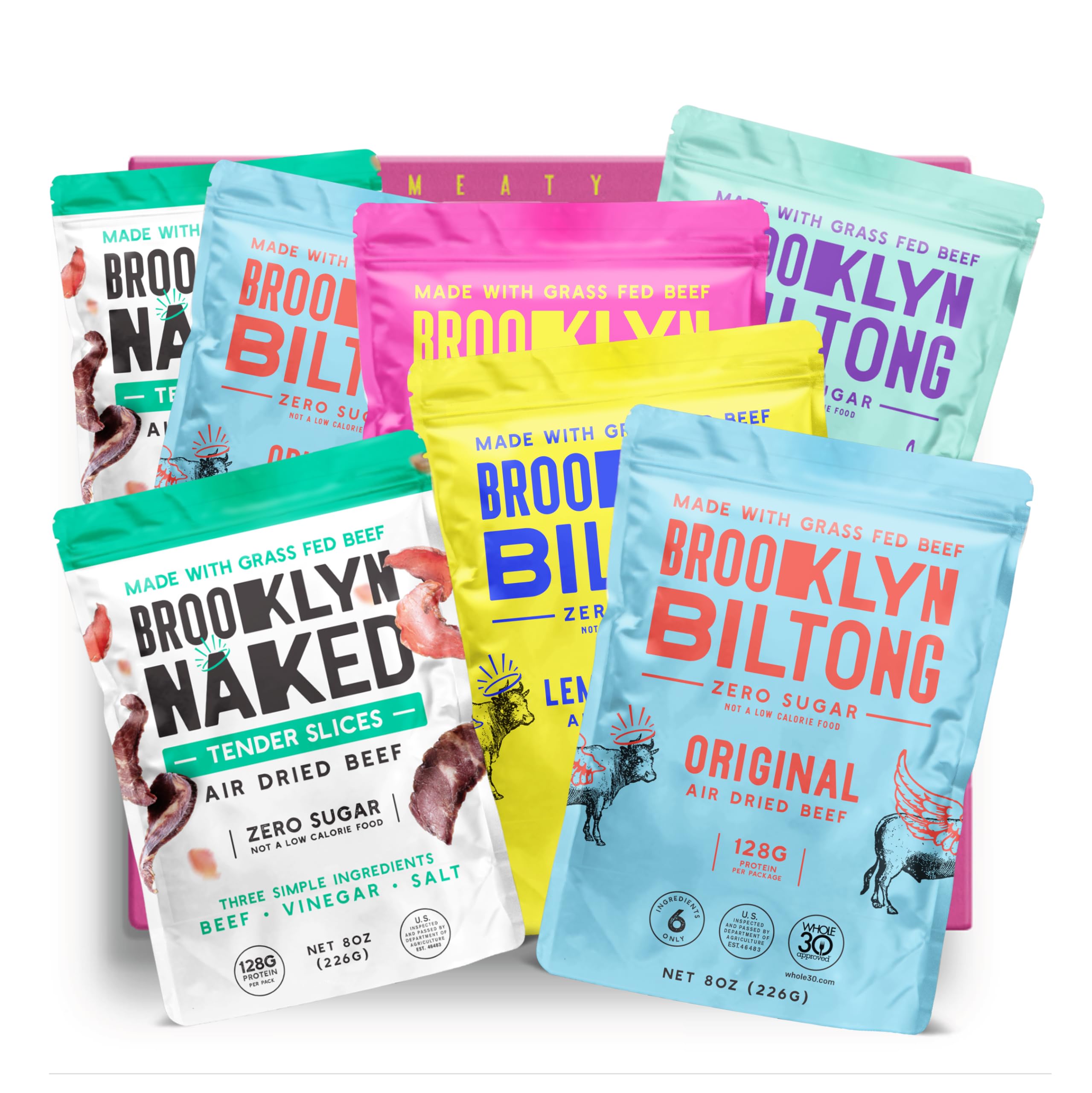 Brooklyn Biltong Carnivore Holiday Gift Snack Box - Premium Air Dried Grass Fed Beef Jerky | South African Style | Whole30, Paleo, Keto, Gluten Free | Made in USA | Perfect for Travel, Hiking & Protein Snacking