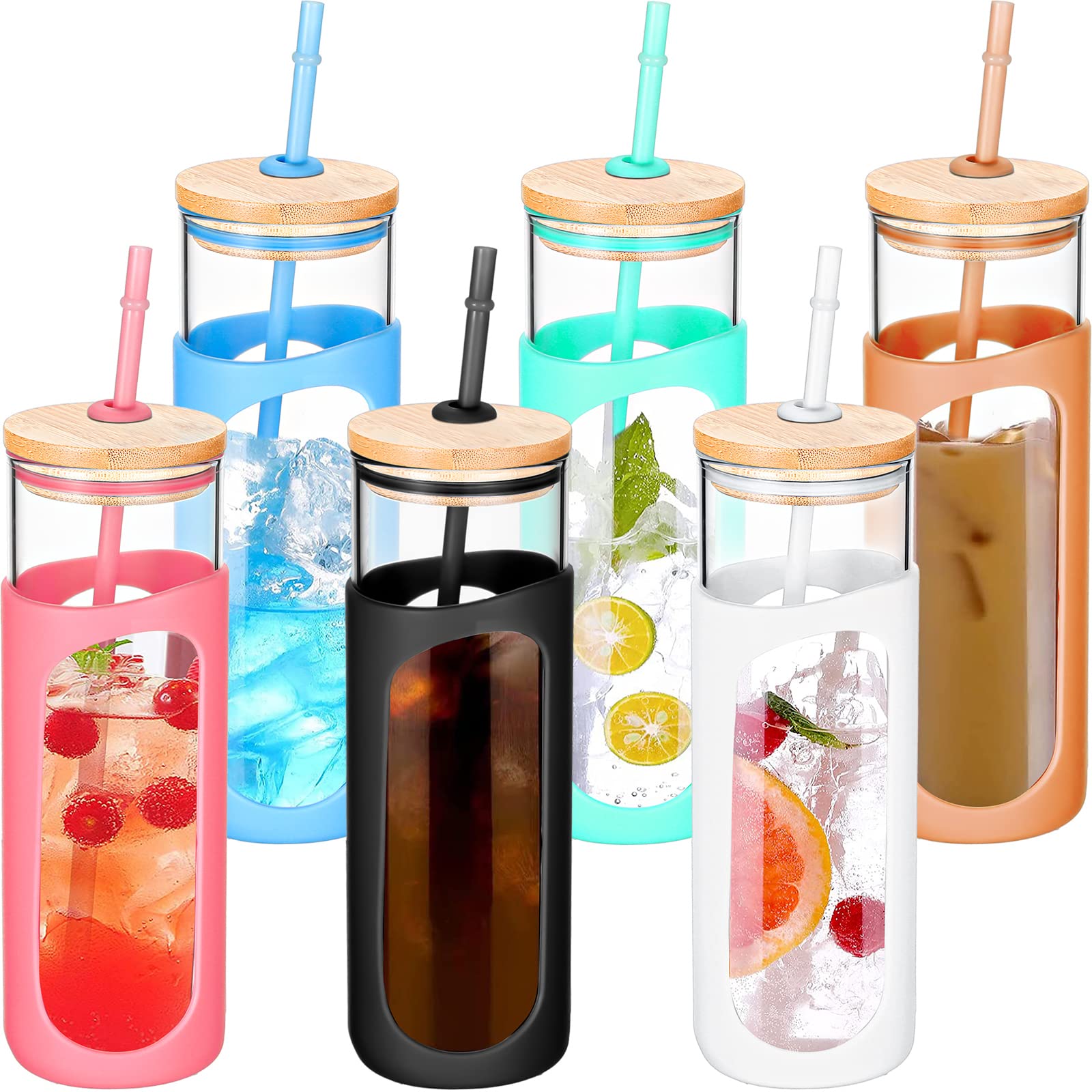 6 Pack 20oz Glass Water Bottles with Bamboo Lids, Straws & Silicone Sleeves - Reusable Tumbler for Iced Coffee, Tea, Milk, Juice - Perfect for Office, Gym, Travel & Outdoor Activities (6 Colors)