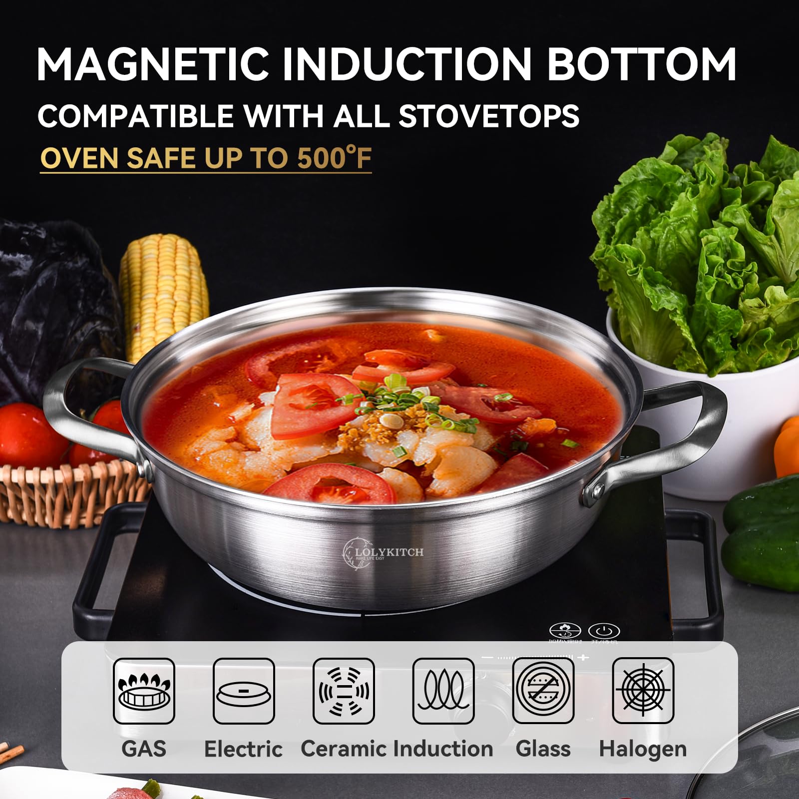 LOLYKITCH 14 Inch Tri-Ply Stainless Steel Sauté Pan with Lid - Induction Compatible, Oven & Dishwasher Safe (7 Quart) - Perfect for Frying, Sautéing & Everyday Cooking | Kadhai, Large Skillet, Jumbo Cooker for Home & Restaurant Use