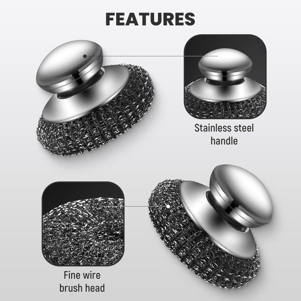 2024 Upgraded Stainless Steel Wool Scrubber with Handle - 4 Pack Detachable Metal Scrub Pads for Pots, Pans, Stoves, Grills & Dishes - Heavy Duty Cleaning Brush for Kitchen, BBQ & Outdoor Cooking