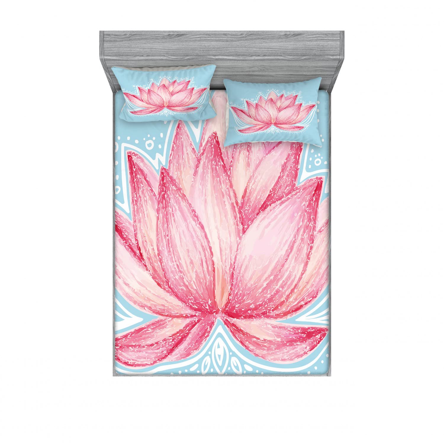 Ambesonne 2-Piece Full Size Fitted Sheet Set with 4 Pillow Shams - Lotus Flower Garden Design in Soft Pink & Pale Blue | Bedroom Decor for Women, Girls Room, Boho Chic Home Decor, Guest Room Essentials