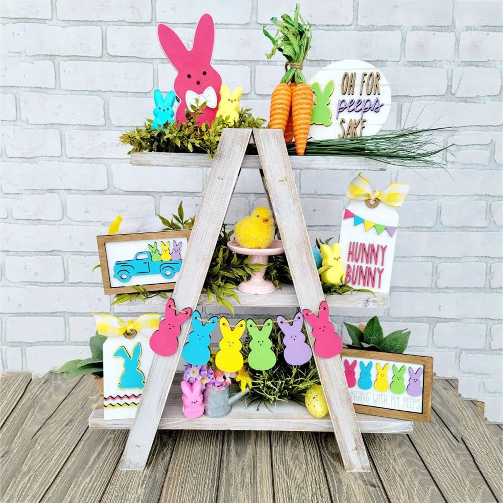 3D Mini Wooden Bunny Signs Easter Tiered Tray Decor - Rustic Wooden Easter Decorations for Home, Office & Party - Perfect for Spring Table Centerpiece, Shelf Display & Holiday Gift Giving