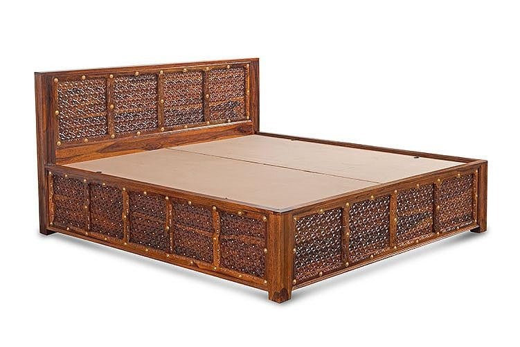 Antique Brass Embossed Solid Wood Storage Bed with Brass Panache - Elegant Vintage Bedroom Furniture for Master Bedroom & Guest Room
