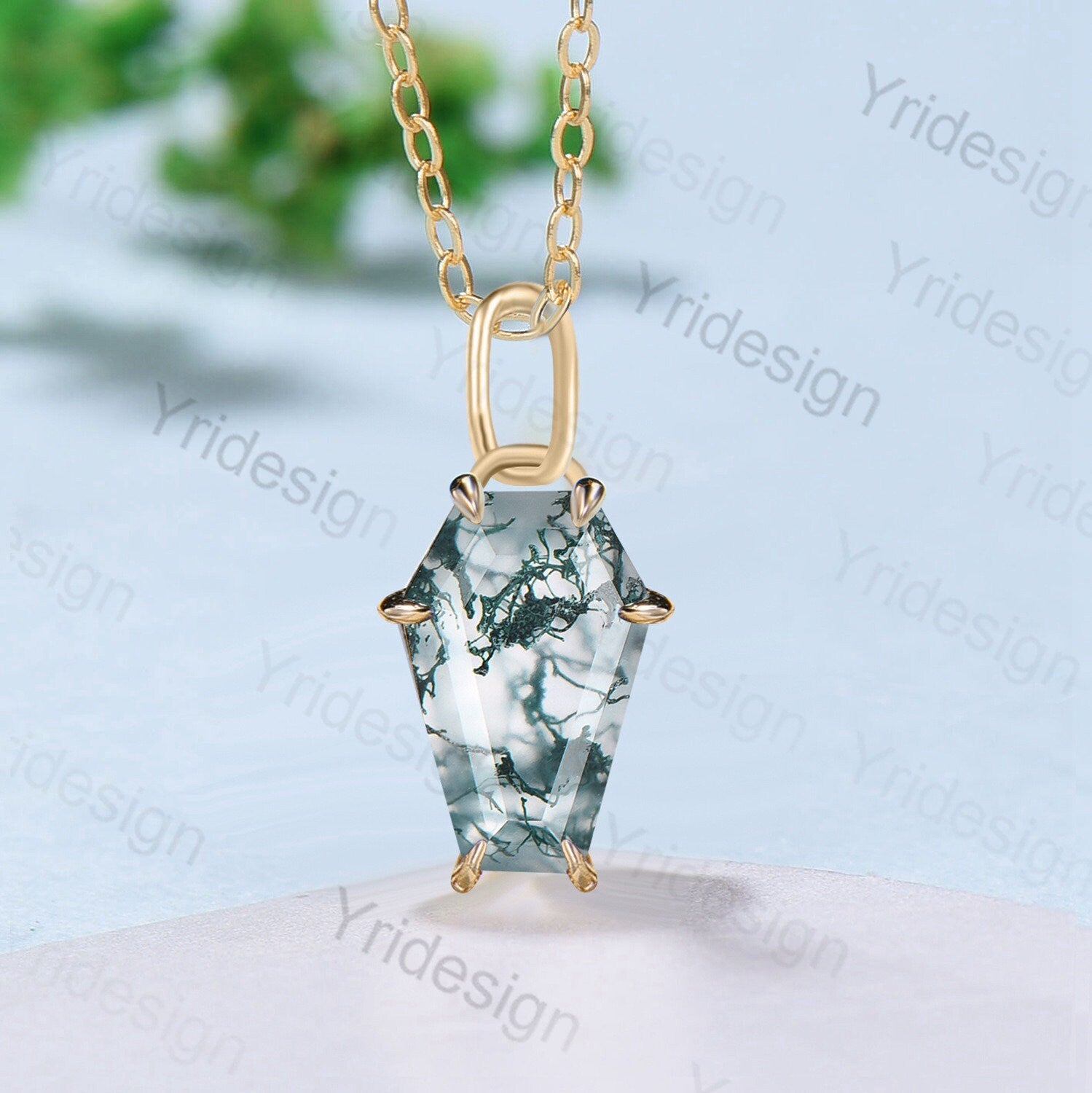 Natural Moss Agate Coffin Pendant Necklace - 14K/18K Rose Gold Vintage Jewelry, Personalized Bridal Gift for Women, Anniversary Present - Perfect for Weddings, Date Nights & Special Occasions