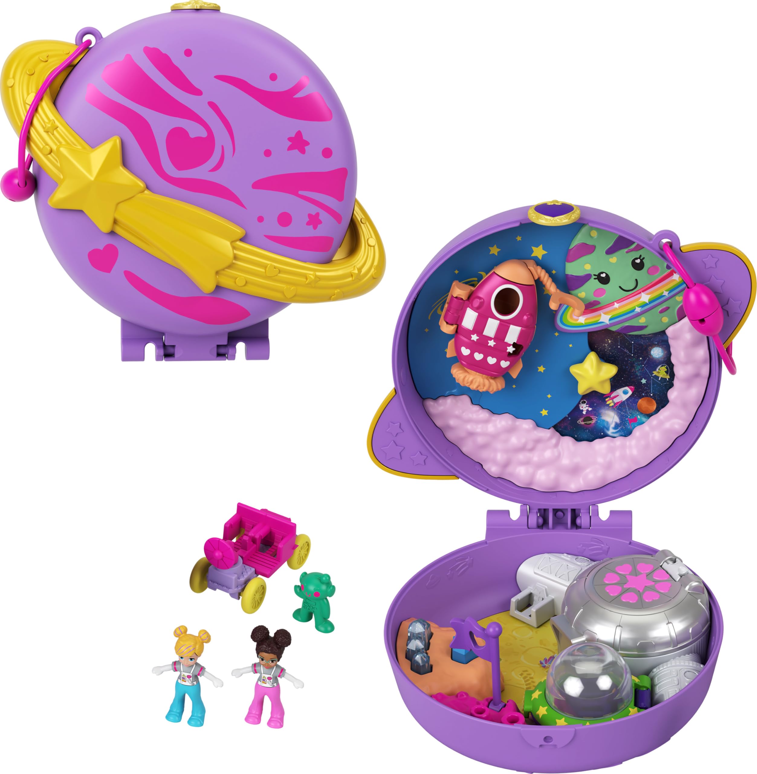 Polly Pocket Saturn Space Explorer Playset - 2 Micro Dolls, Toy Car & Surprise Accessories | Compact Travel Toy for Kids | Perfect for On-the-Go Play, Birthday Gifts & Space-Themed Adventures