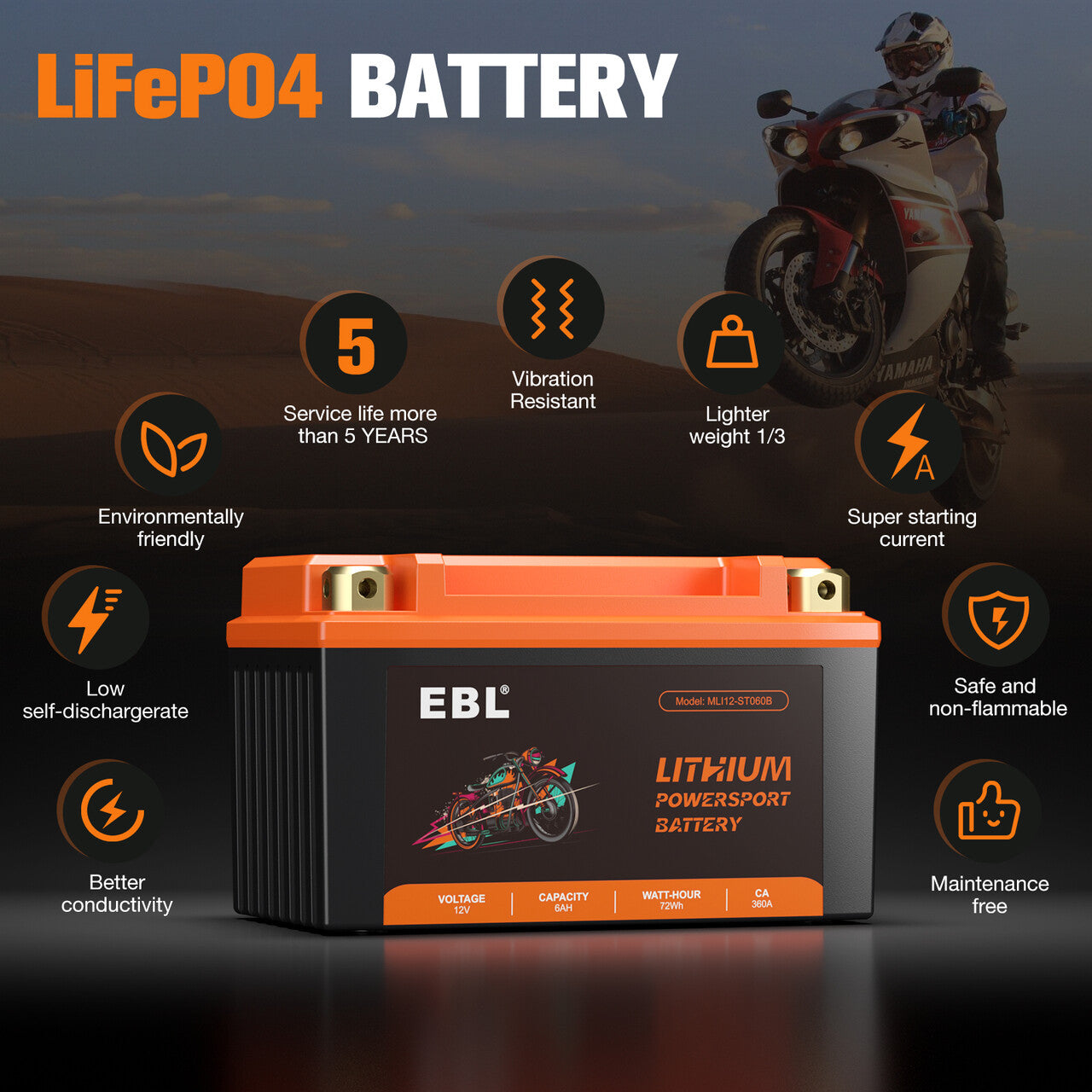 EBL YTX9-BS LiFePO4 12V 6Ah Lithium Motorcycle Battery - Lightweight & Long-Lasting Power for Harley, Honda, Yamaha & More - Perfect for Cruisers, Touring Bikes & Off-Road Adventures