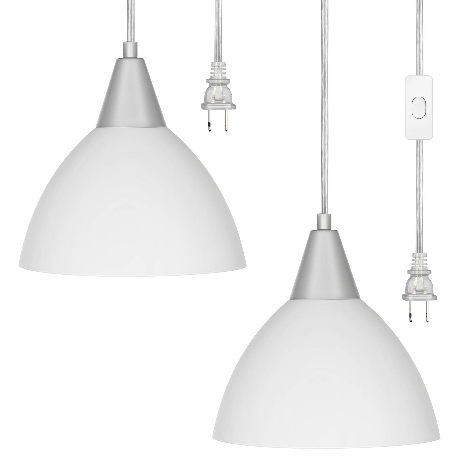 DEWENWILS Plug-in Pendant Light with 15Ft Clear Cord & On/Off Switch - 2 Pack Frosted White Plastic Shade Hanging Ceiling Light for Living Room, Bedroom, Dining Room - Perfect for Modern Home Decor & Cozy Ambiance