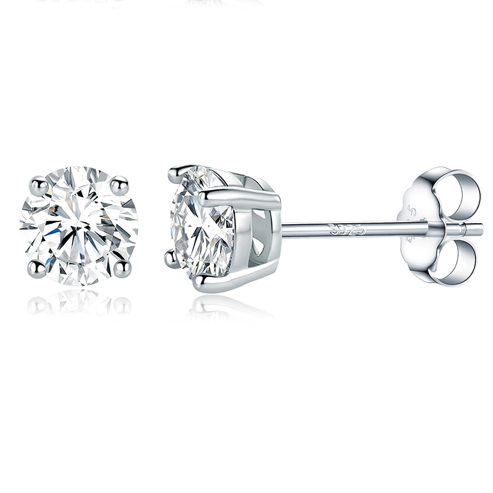 14K Sterling Silver Moissanite Stud Earrings Set - 4 Prong Round Cut Diamond Earrings for Women & Men | Wedding, Anniversary, Gift, Everyday Wear
