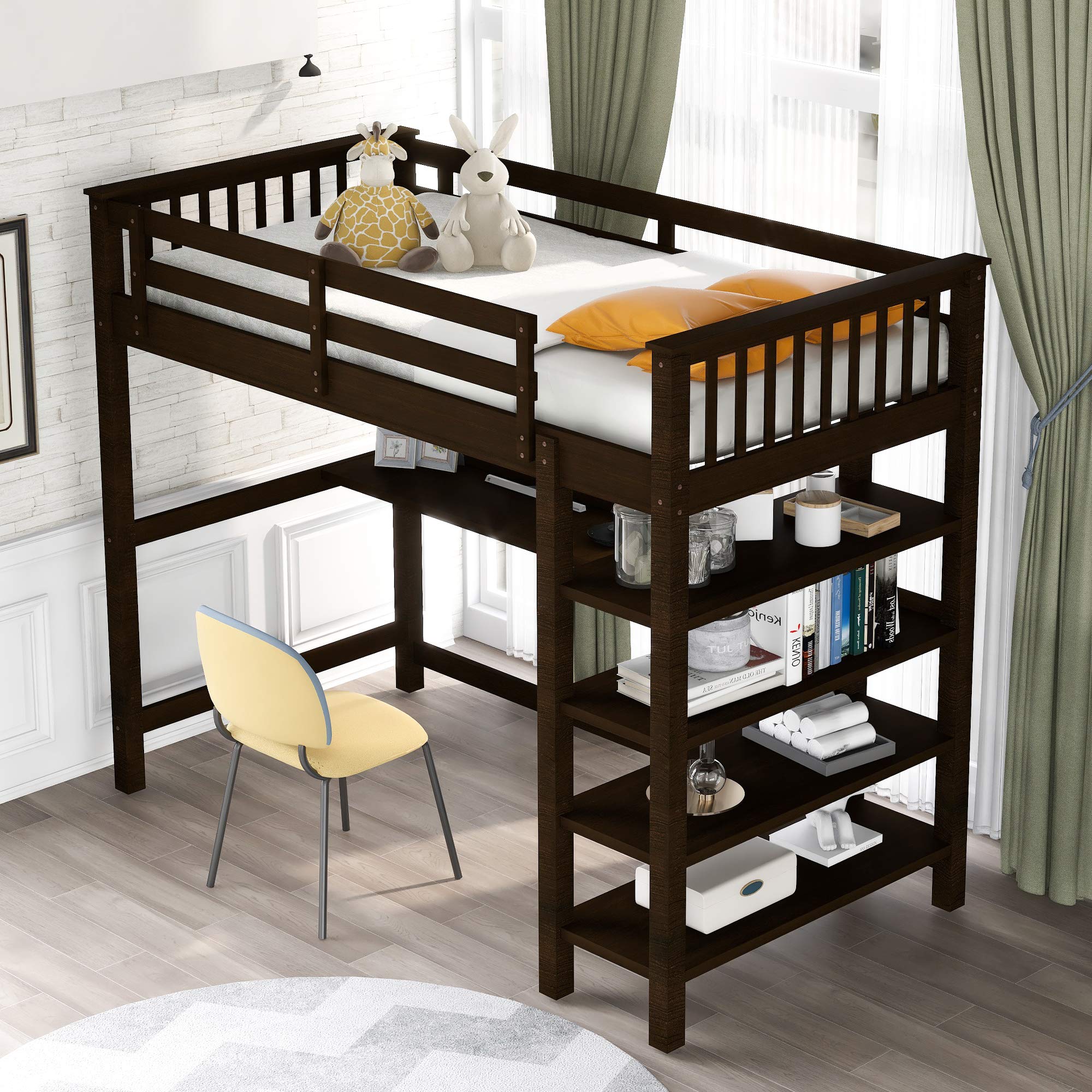Harper & Bright Designs Twin Loft Bed with Desk, Storage Shelves, Ladder & Guard Rail - Sturdy Wood Loft Bed Frame for Kids, Teens & Adults (Espresso) - Perfect for Small Bedrooms, Dorms & Studio Apartments