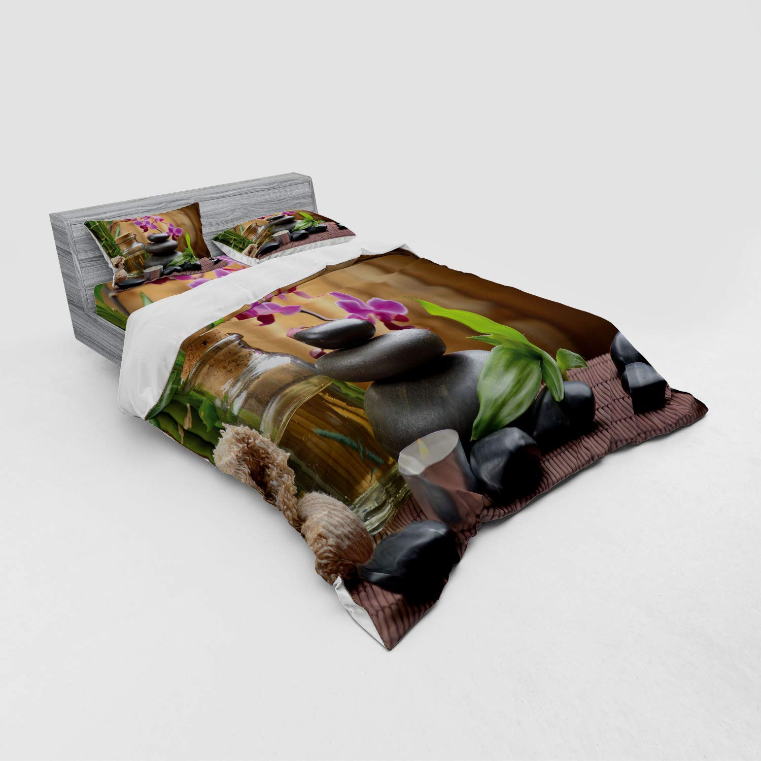 Ambesonne 4-Piece Spa Bedding Set - Queen Size Duvet Cover with Shams & Fitted Sheet, Purple Black Green Healing Stones & Floral Print | Luxury Hotel-Style Bedroom Decor for Relaxation & Aromatherapy