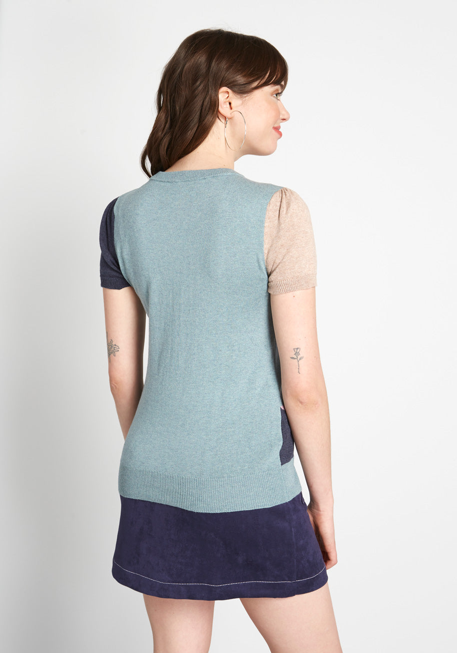 Stylish Mosaic Pattern Short Sleeve Sweater for Women - Trendy Knit Top for Casual Wear, Office Outfits & Spring Layering
