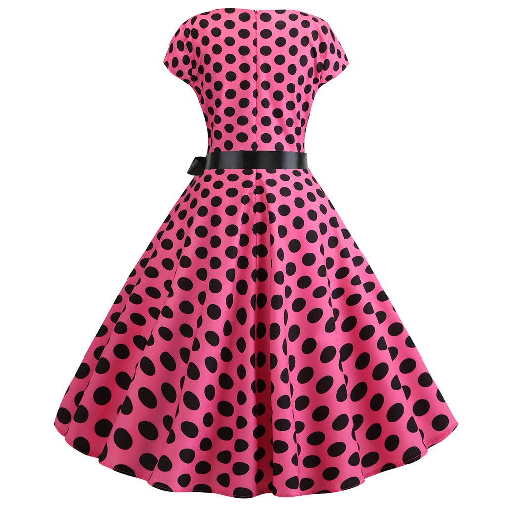 Vintage 1950s Women's Swing Dress - Retro Rockabilly A-Line Midi Dress with Cap Sleeves & Polka Dot Print | Perfect for Cocktail Parties, Tea Parties & Garden Events (Hot Pink)