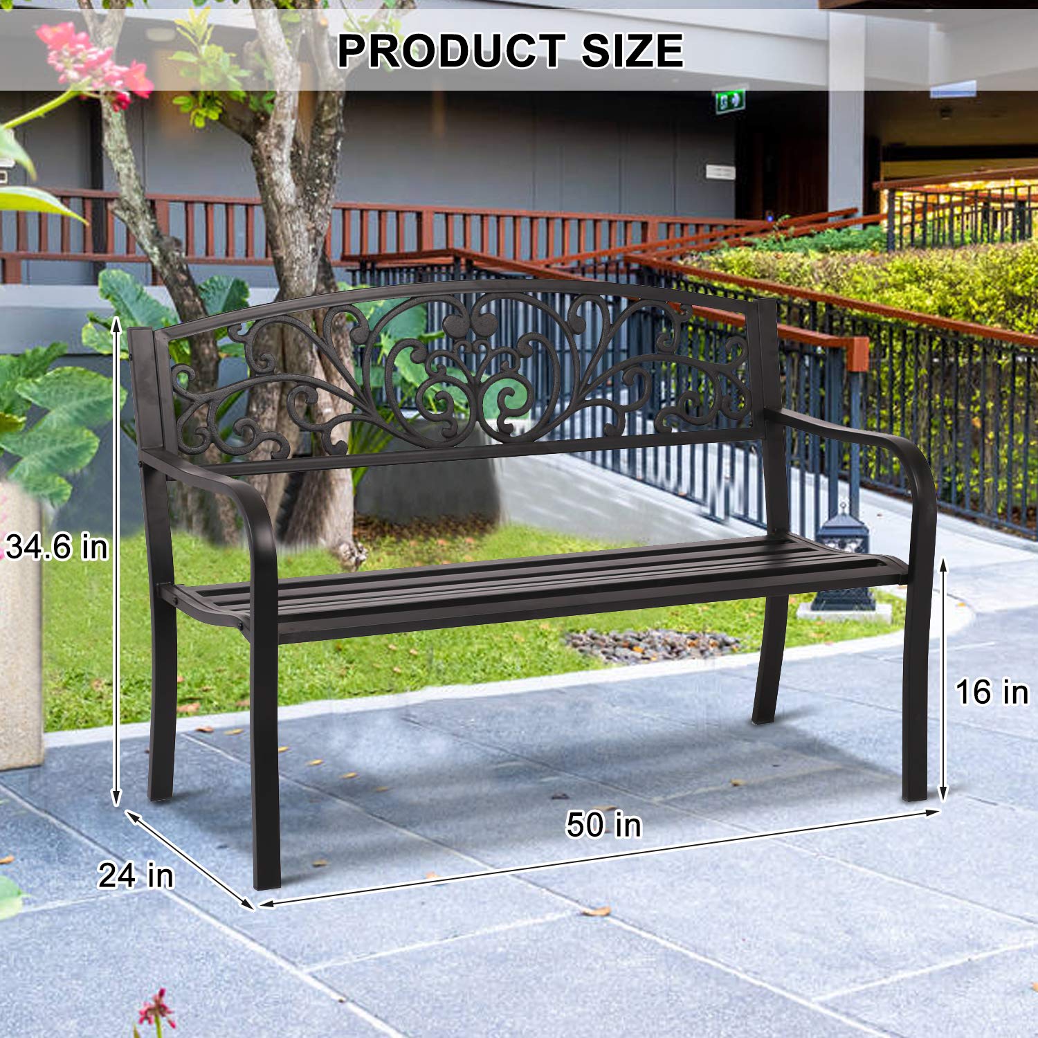 Elegant Metal Garden Bench with Floral Pattern - 50