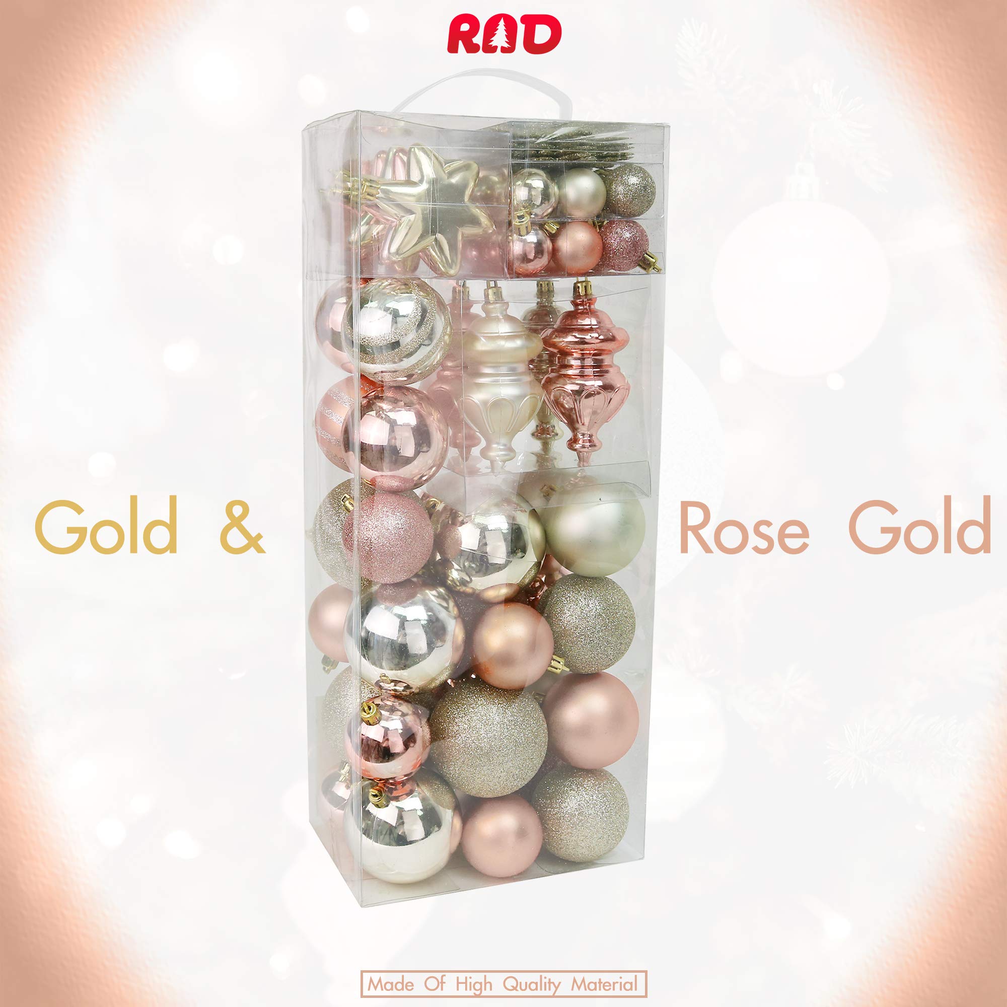 RN'D Christmas Snowflake Ball Ornaments Bulk Set - 76 Pcs Hanging Snowflake & Ball Decorations with Hooks in Yellow & Rose Gold for Holiday Tree Decor, Home Party, Winter Wedding, and Festive Gift Giving