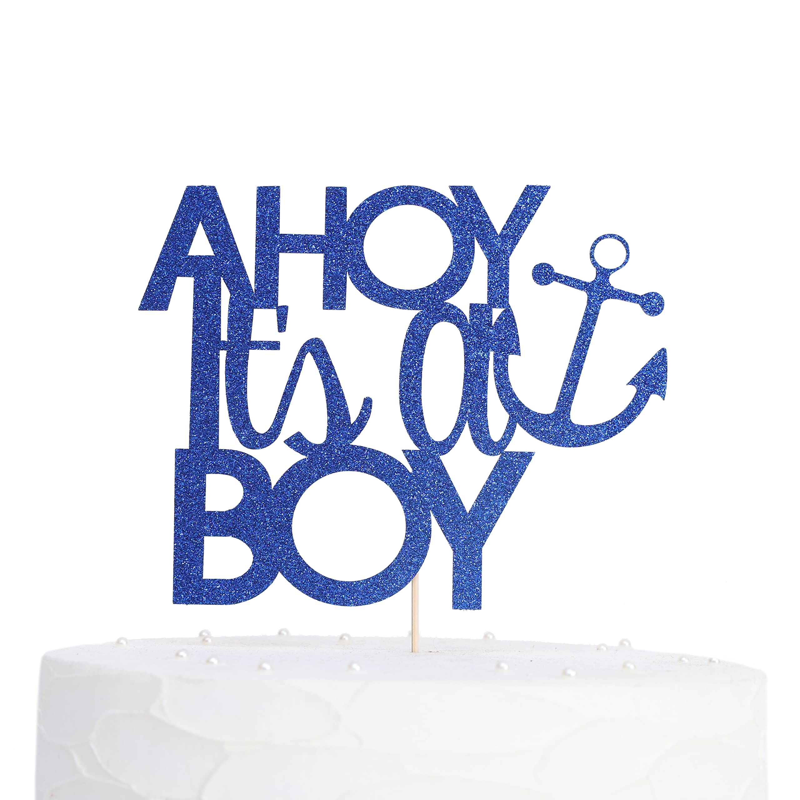 Ahoy It's A BOY Glitter Cake Topper - Blue Baby Gender Reveal Party Decoration for Baby Shower, Birthday Celebrations & Gender Announcement Parties